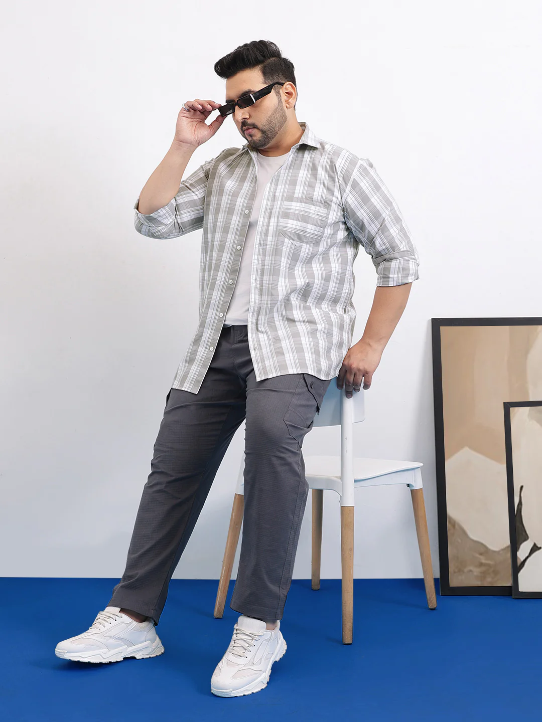 Grey White Plus Size Check Shirt - Image 4