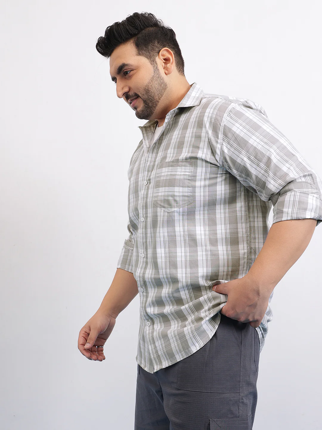 Grey White Plus Size Check Shirt - Image 5