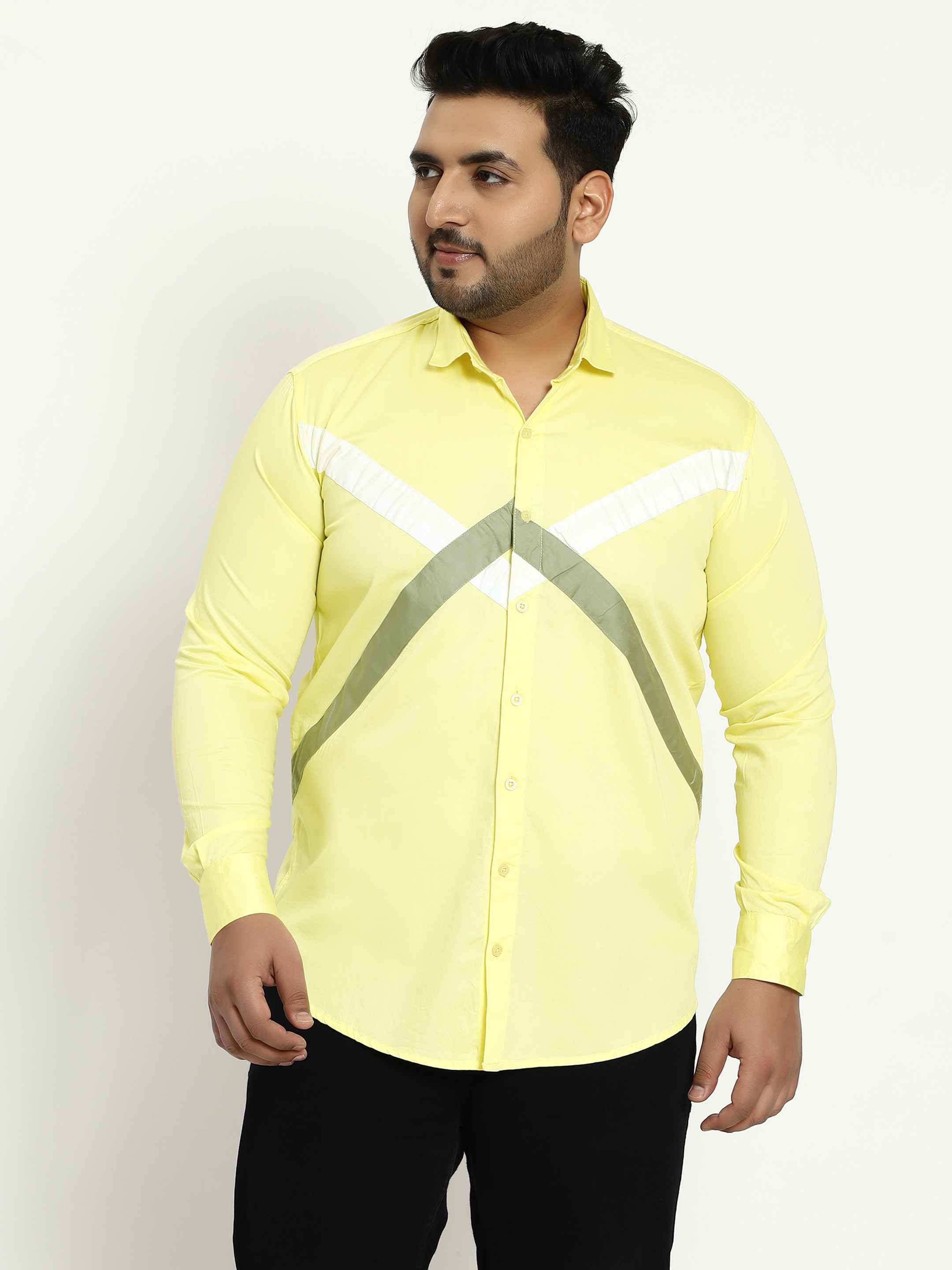 Lemon Yellow White Grey Cut n Sew Plus Size Shirt - Image 4