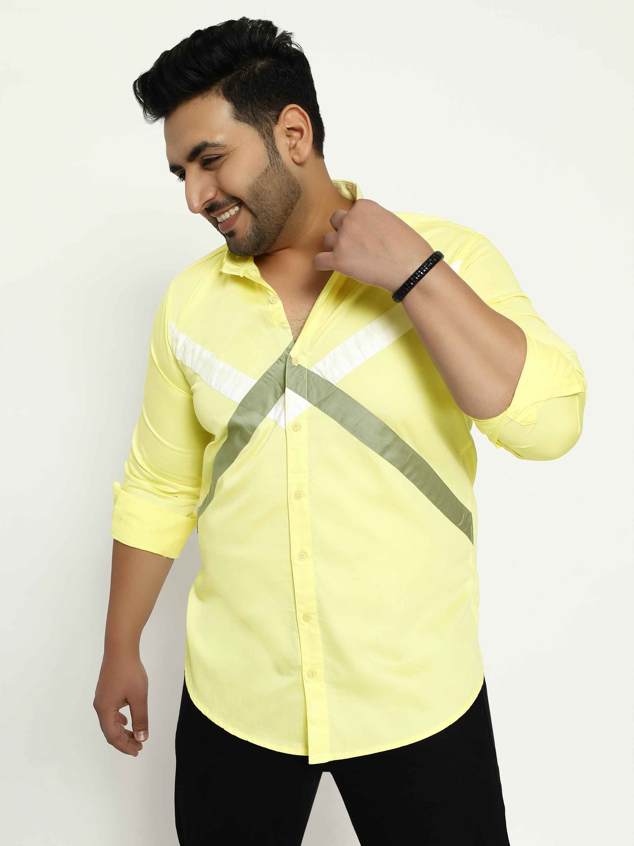 Lemon Yellow White Grey Cut n Sew Plus Size Shirt - Image 5
