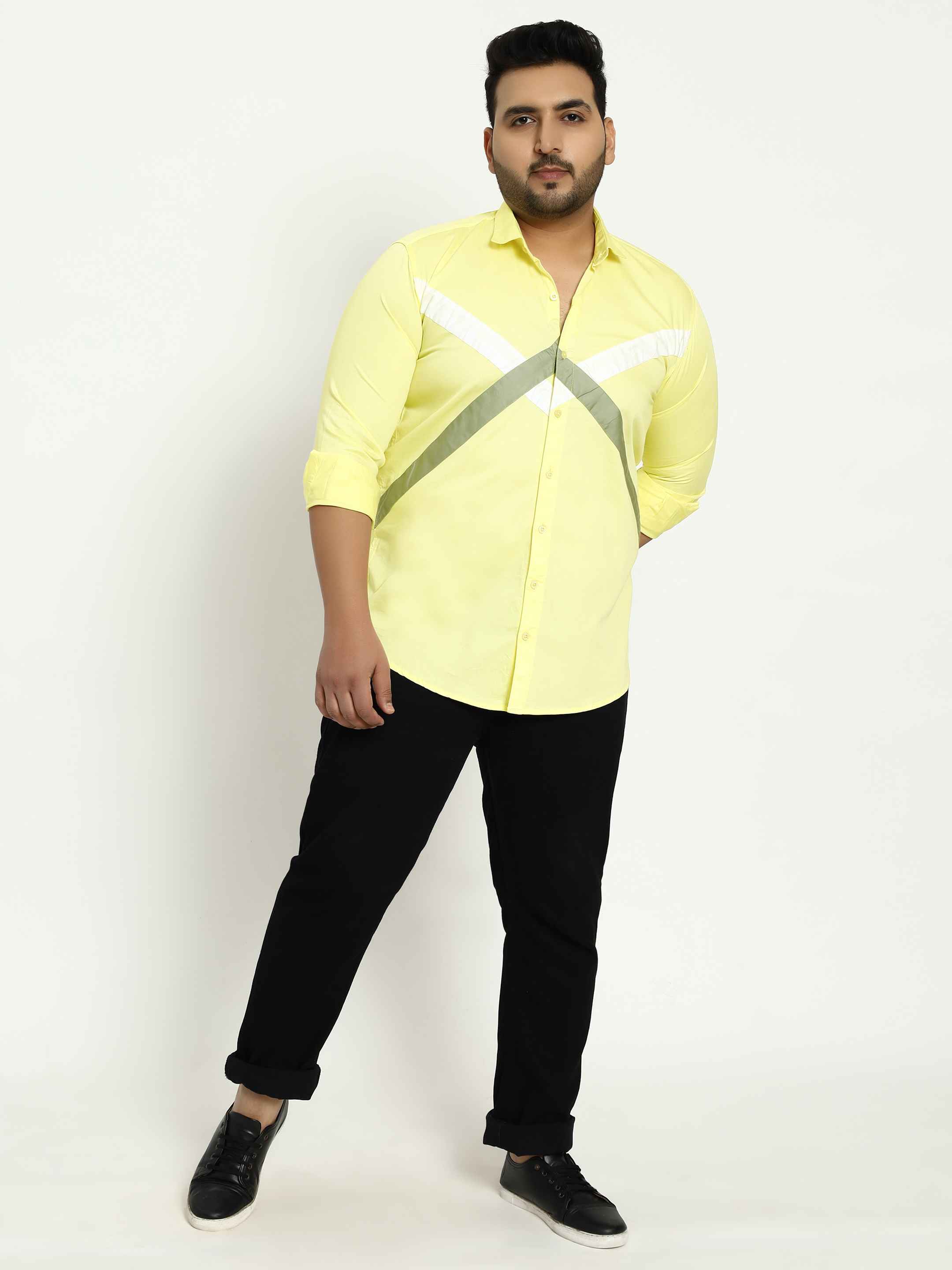 Lemon Yellow White Grey Cut n Sew Plus Size Shirt - Image 6