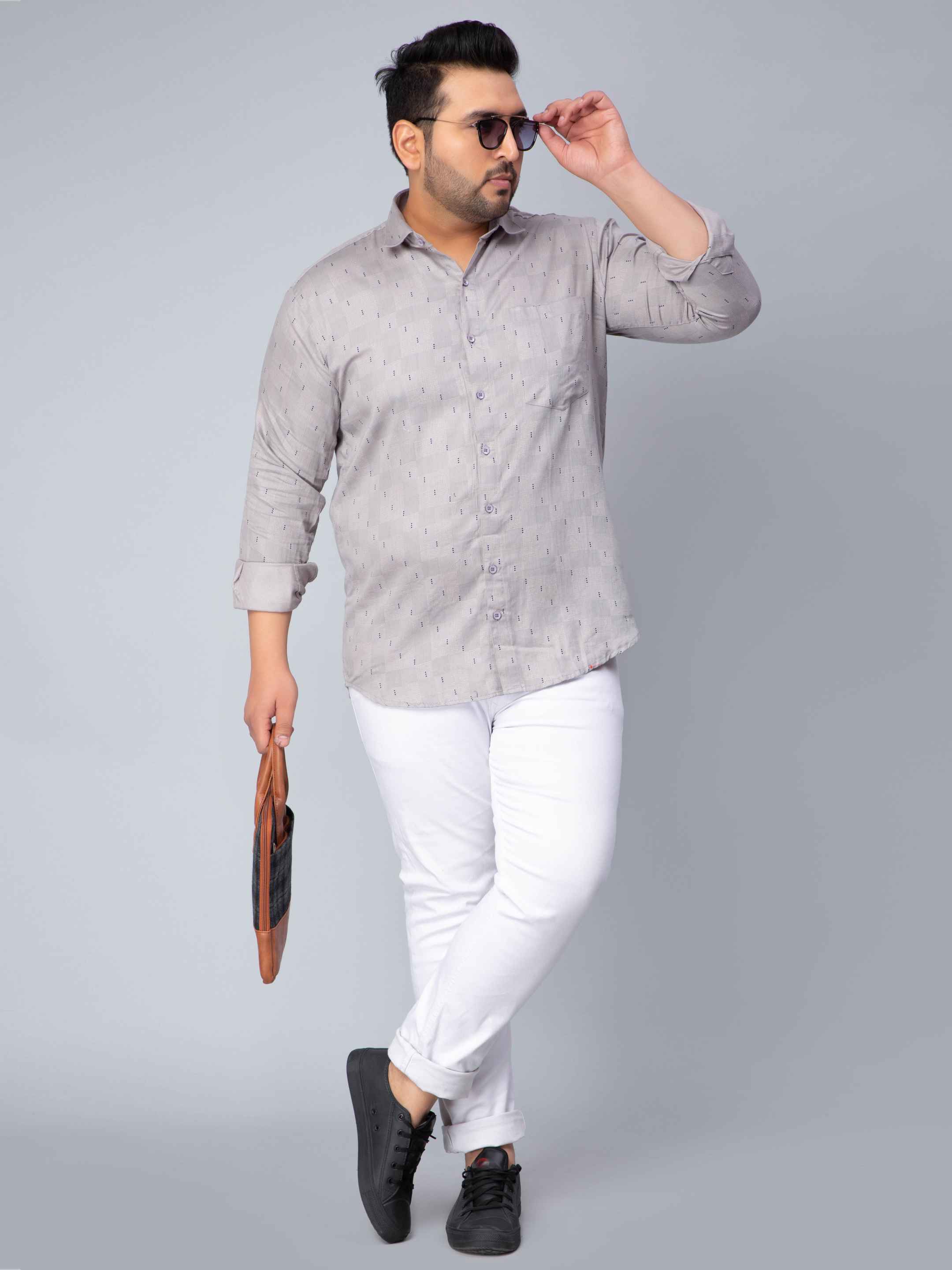 Light Grey Square Printed Plus Size Shirt - Image 6