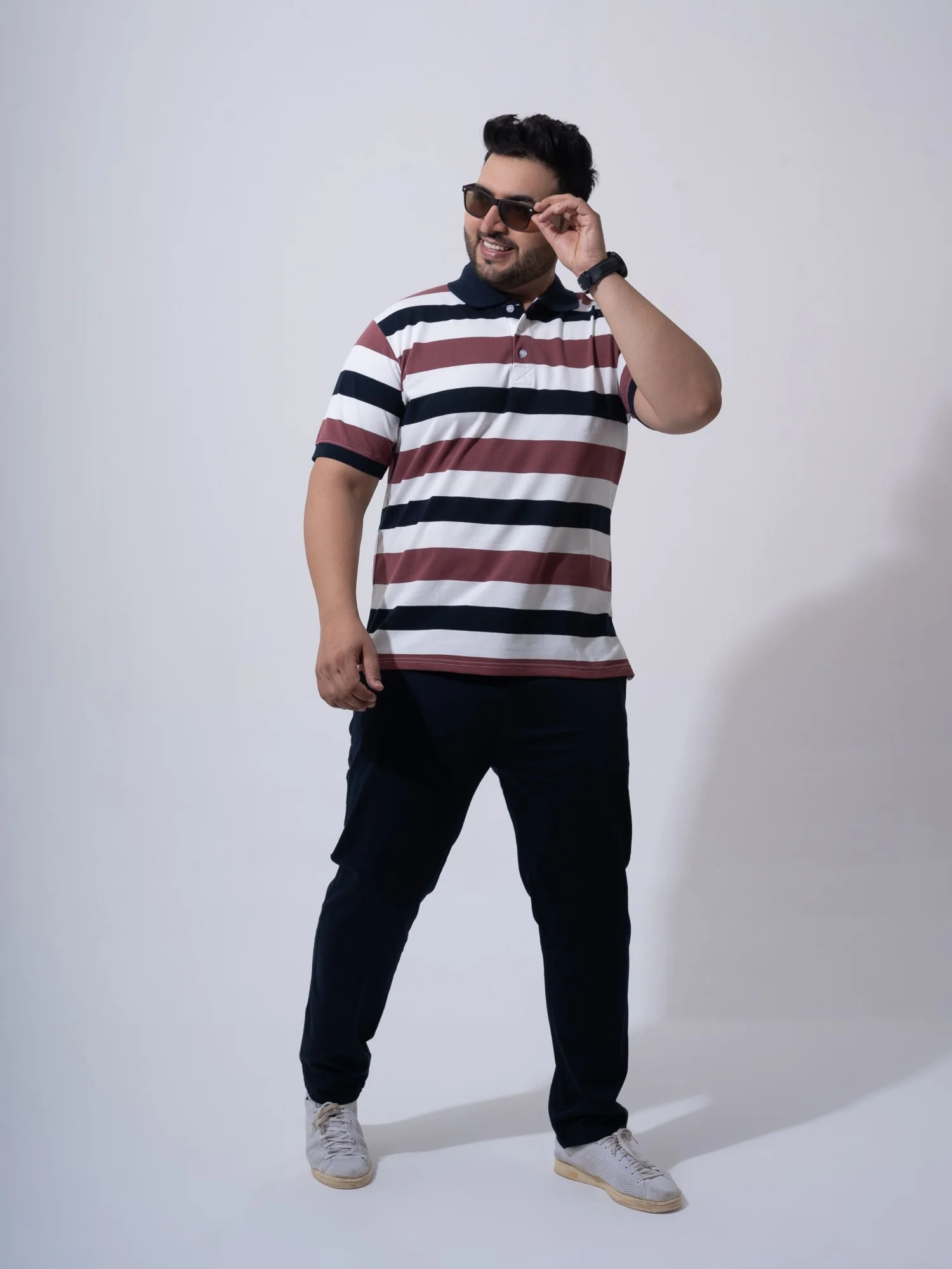 Maroon White Navy Striped Polo T-shirt - Image 2