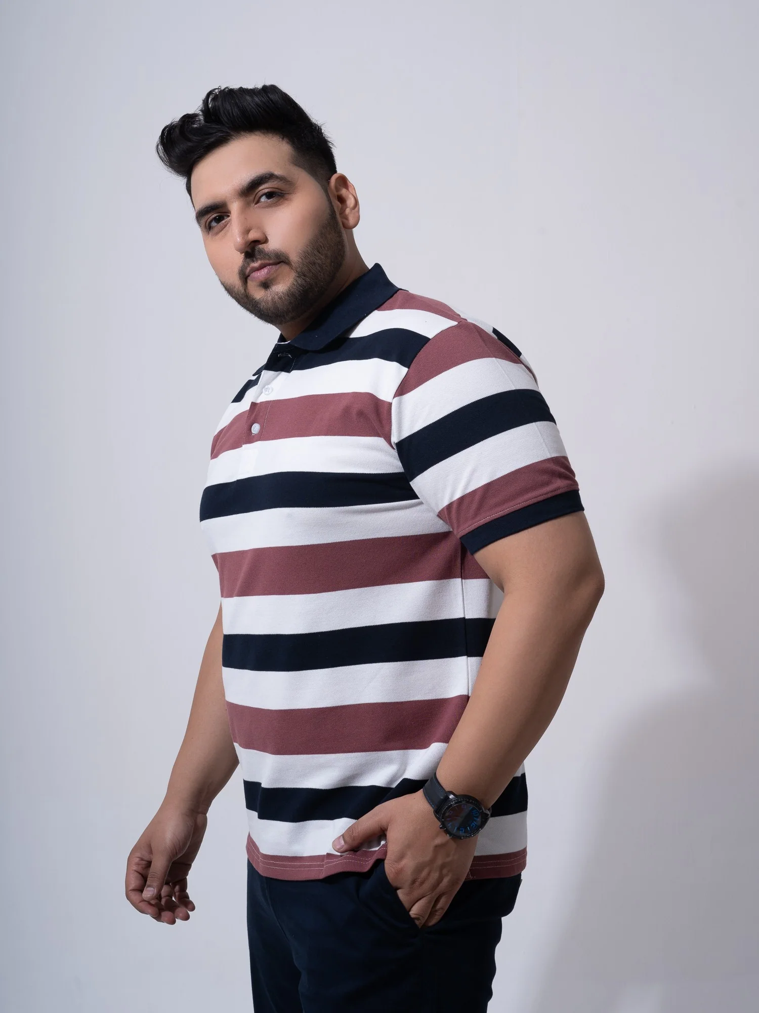 Maroon White Navy Striped Polo T-shirt - Image 3