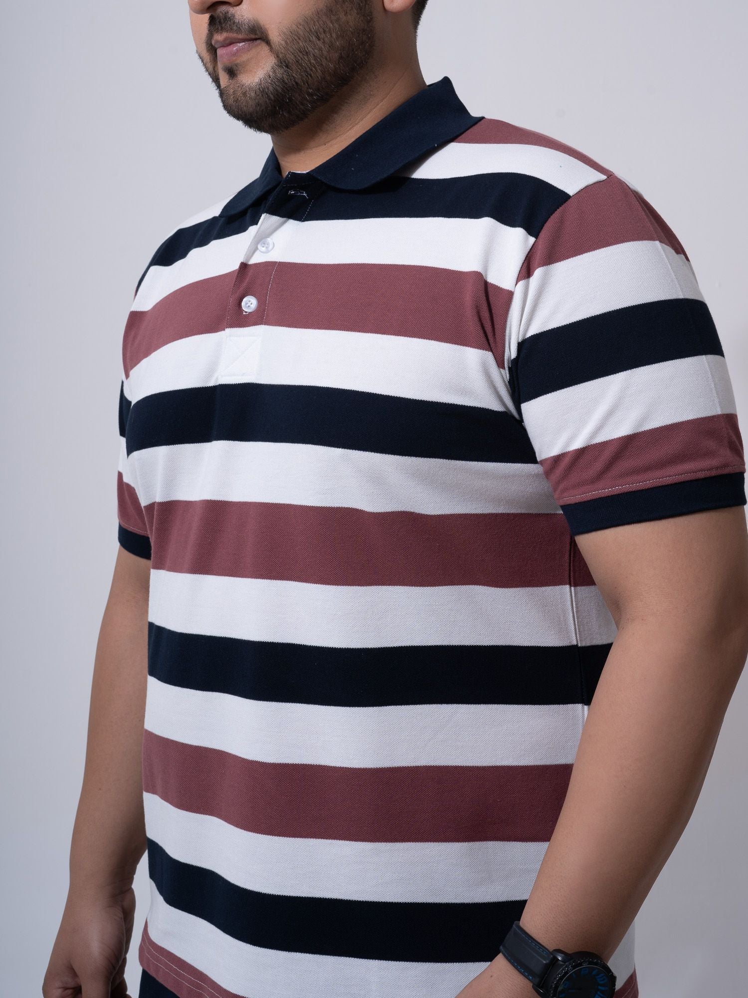 Maroon White Navy Striped Polo T-shirt - Image 4
