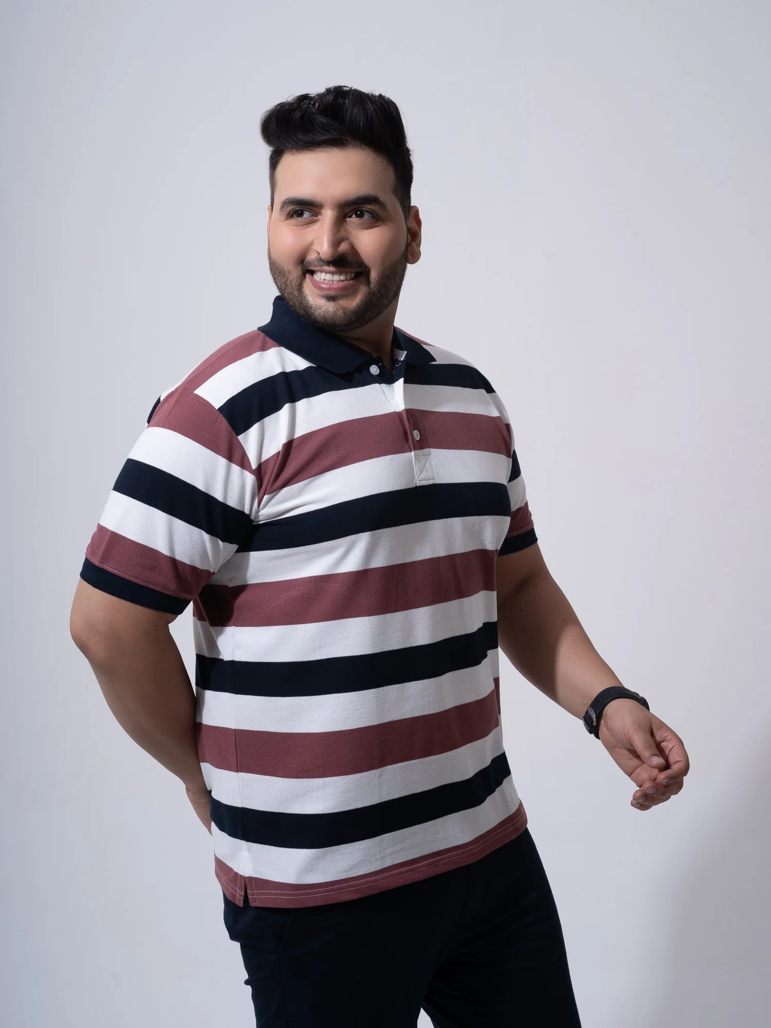 Maroon White Navy Striped Polo T-shirt - Image 5