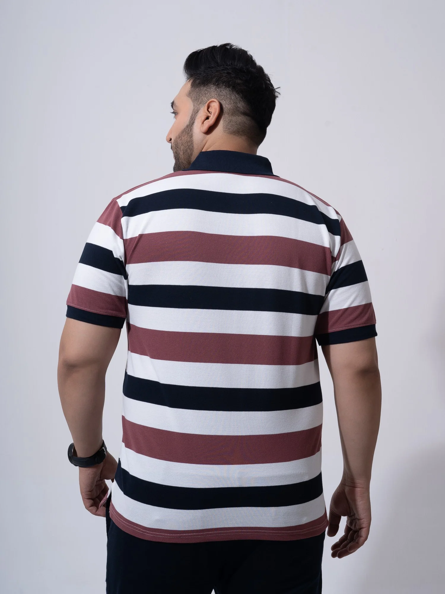 Maroon White Navy Striped Polo T-shirt - Image 6