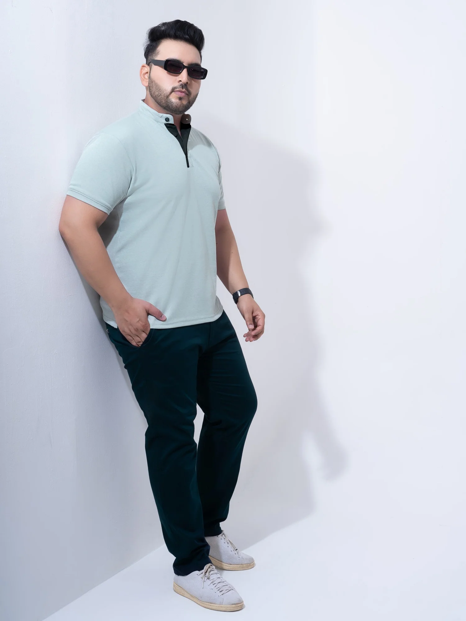 Mauve Melange Mandarin Collar Polo T-shirt - Image 13