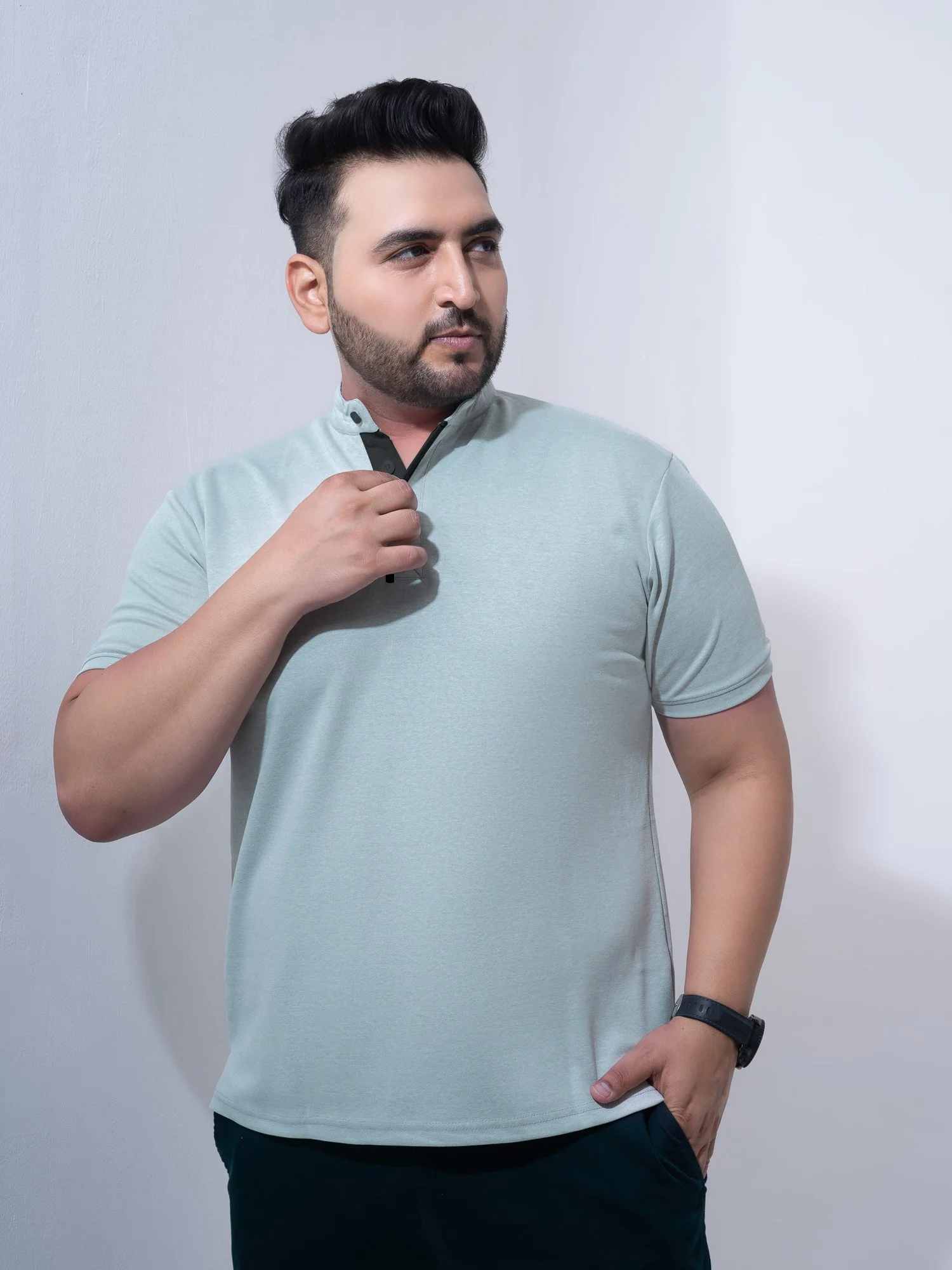 Mauve Melange Mandarin Collar Polo T-shirt - Image 14