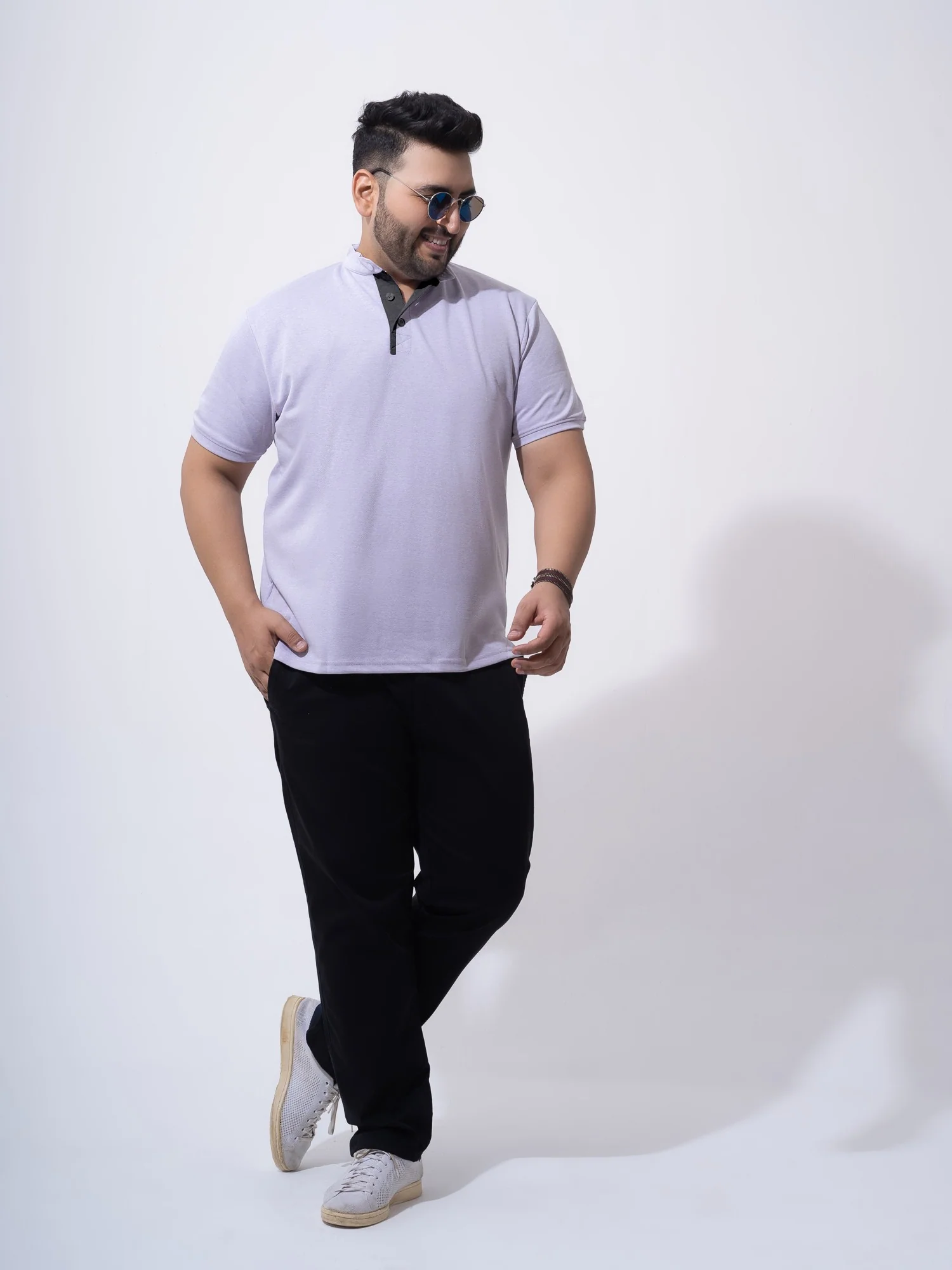 Mauve Melange Mandarin Collar Polo T-shirt - Image 2