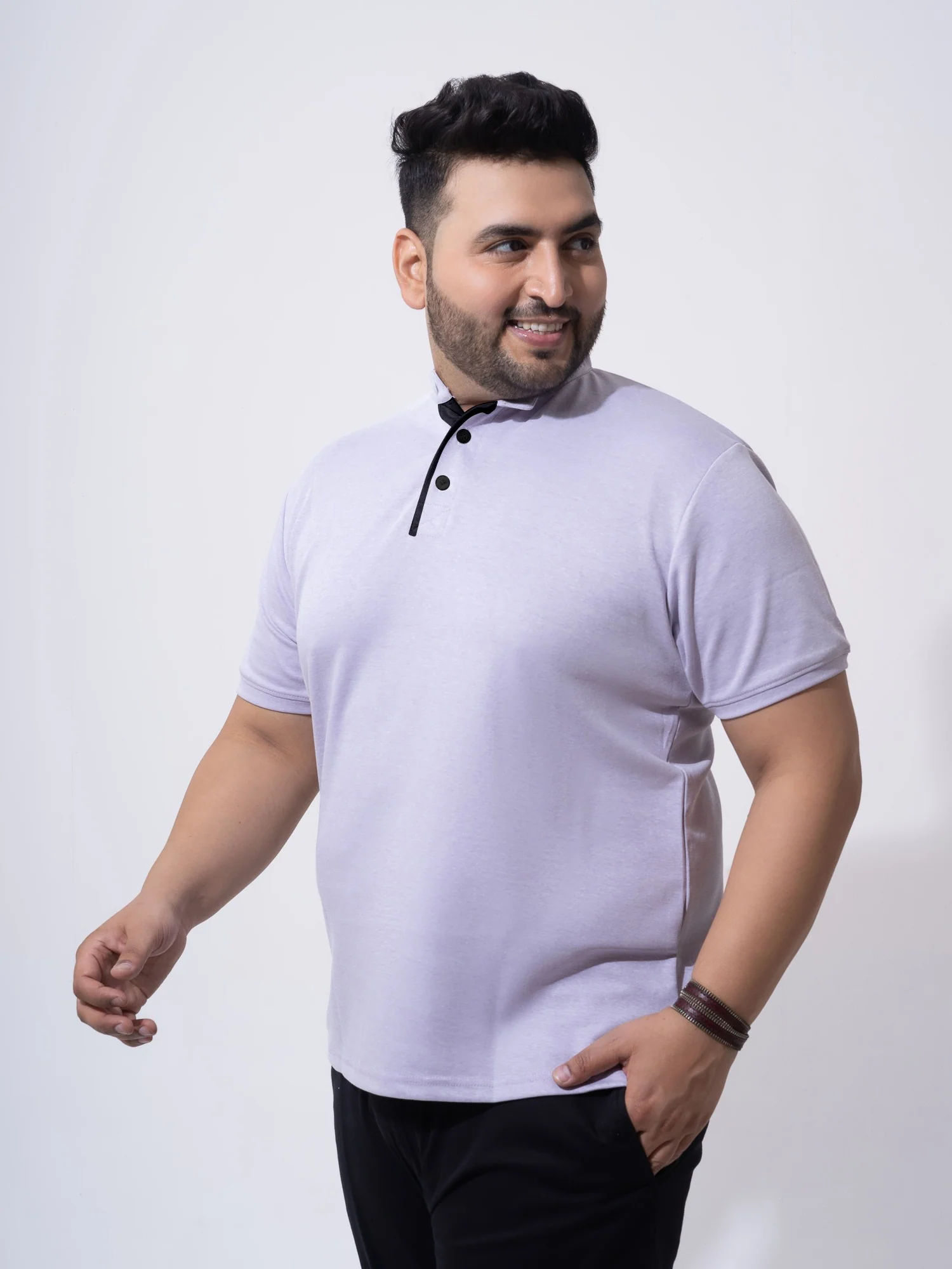 Mauve Melange Mandarin Collar Polo T-shirt - Image 3