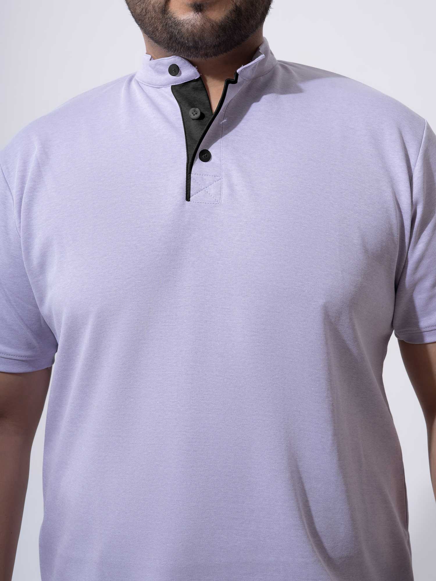 Mauve Melange Mandarin Collar Polo T-shirt - Image 4