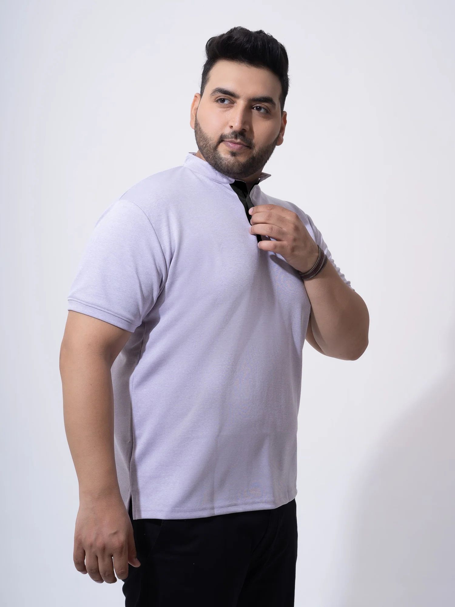 Mauve Melange Mandarin Collar Polo T-shirt - Image 5