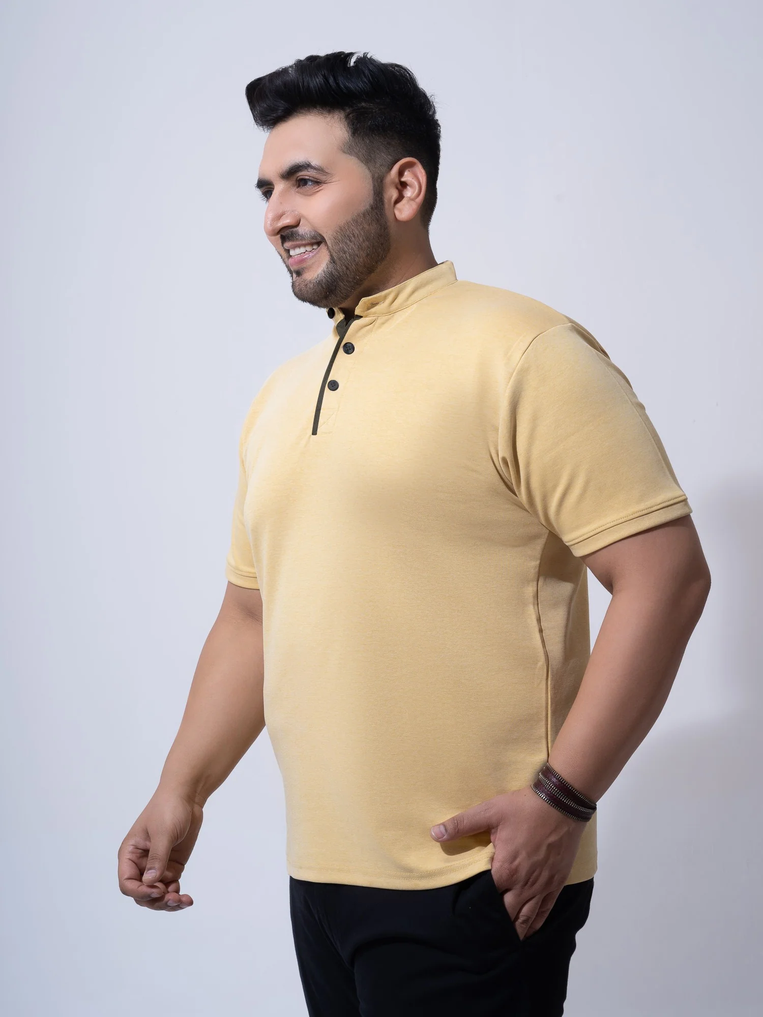 Mustard Melange Mandarin Collar Polo T-shirt - Image 5