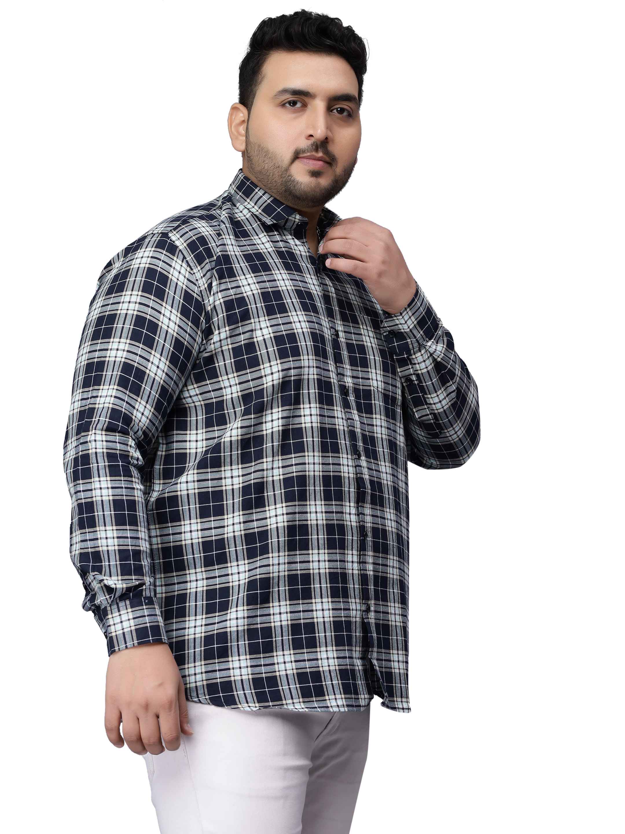 Navy Blue Checkered Plus Size Shirt - Image 5