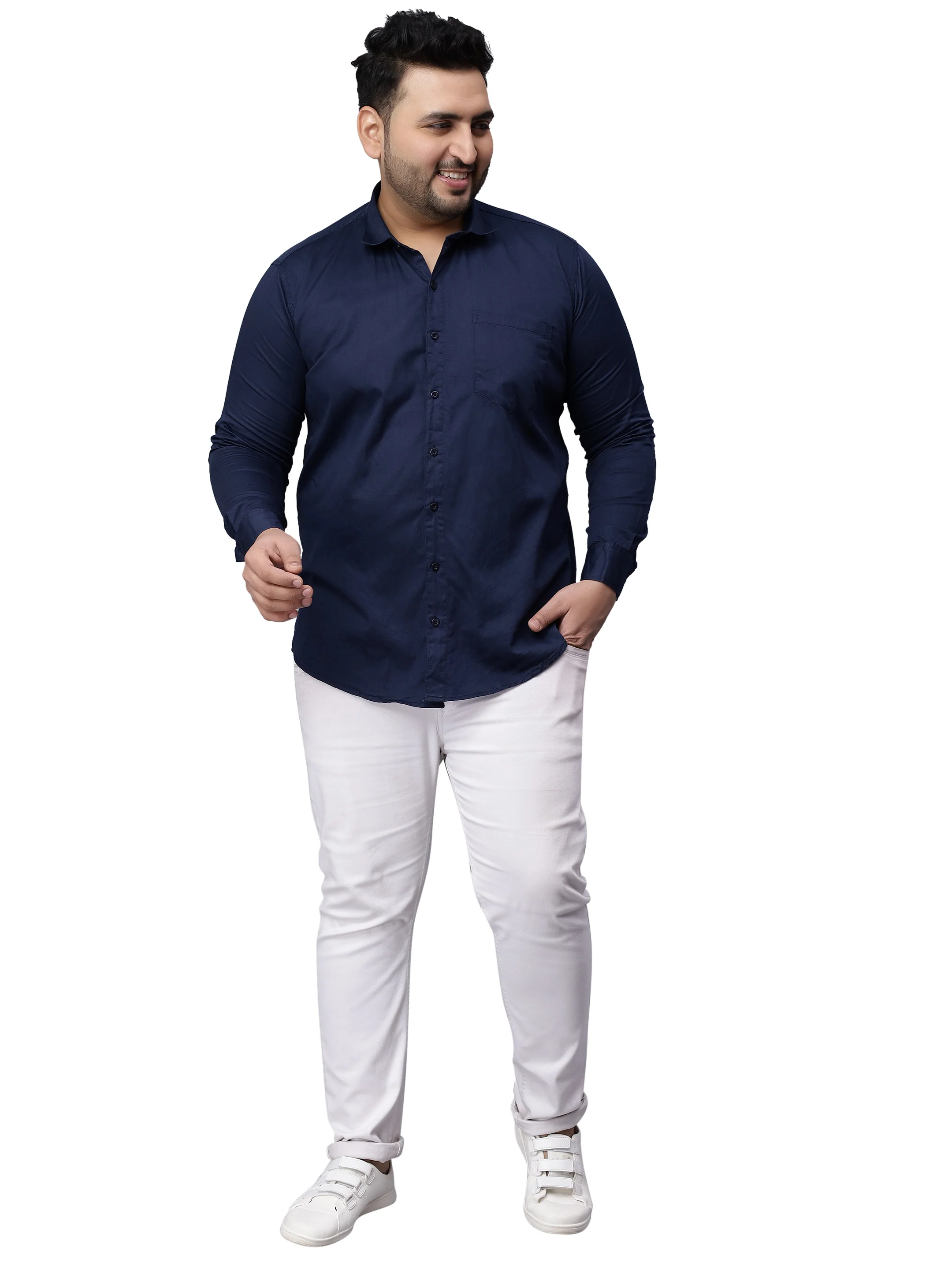 Navy Blue Solid Cotton Plus Size Shirt - Image 2