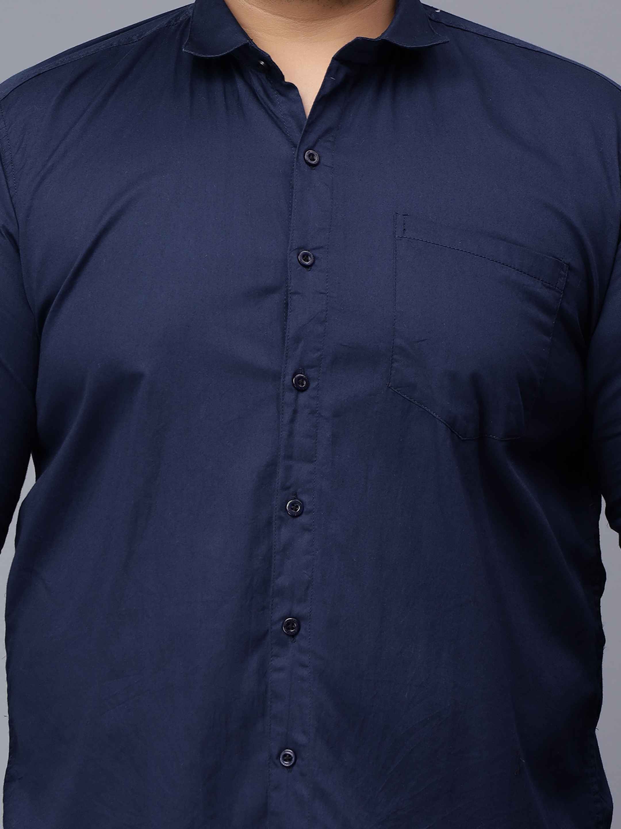 Navy Blue Solid Cotton Plus Size Shirt - Image 3