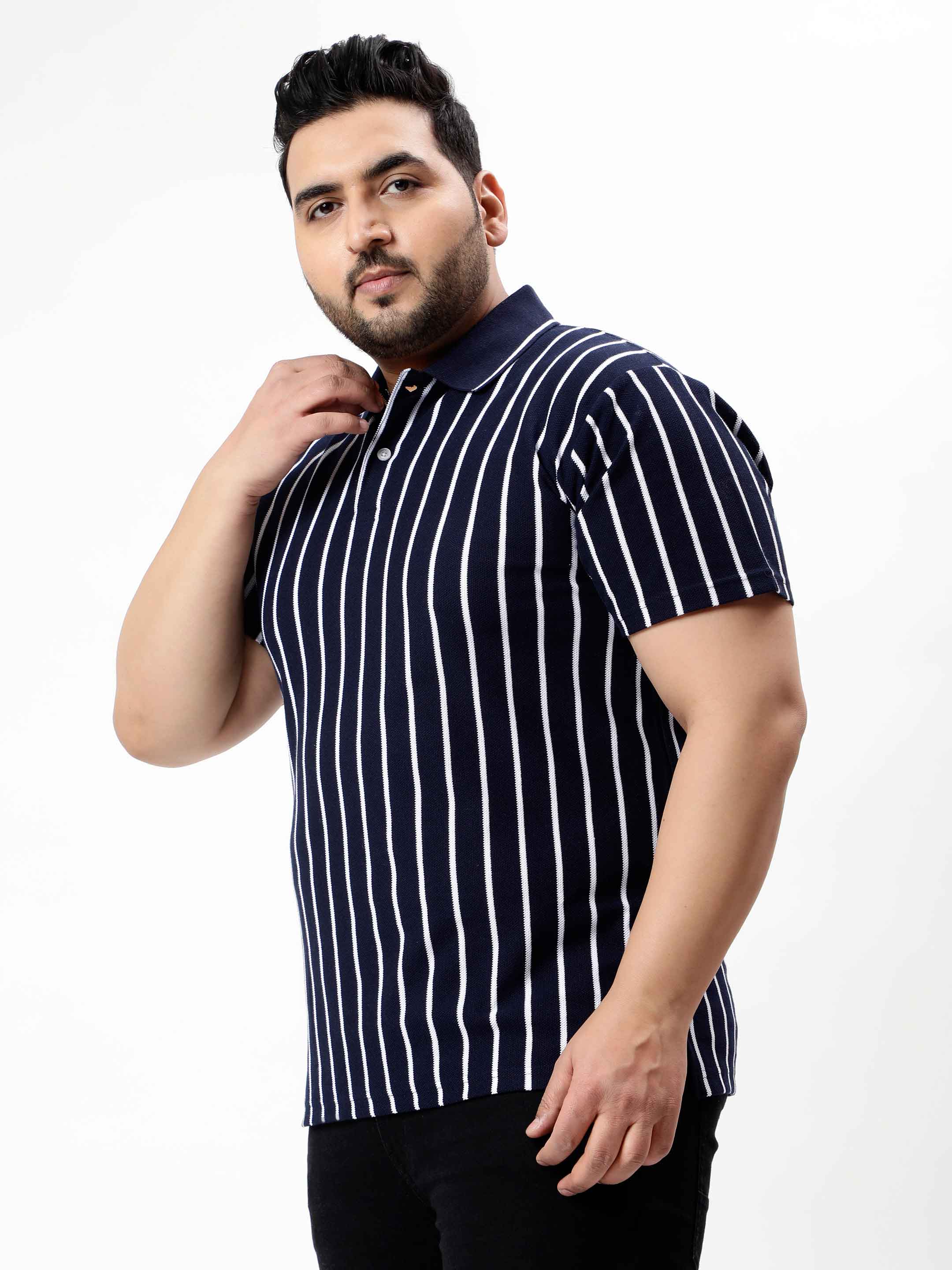 Navy Blue Striped Premium Polo T-shirt - Image 3