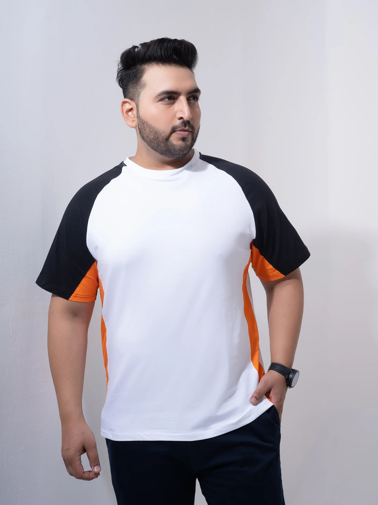 Orange White Black Colourblock Plus Size T-shirt - Image 4