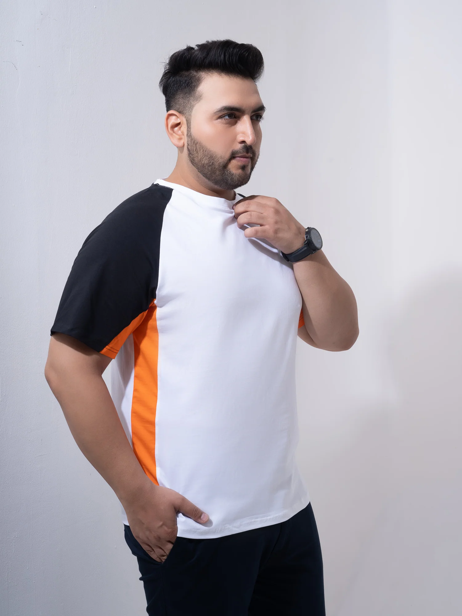 Orange White Black Colourblock Plus Size T-shirt - Image 5