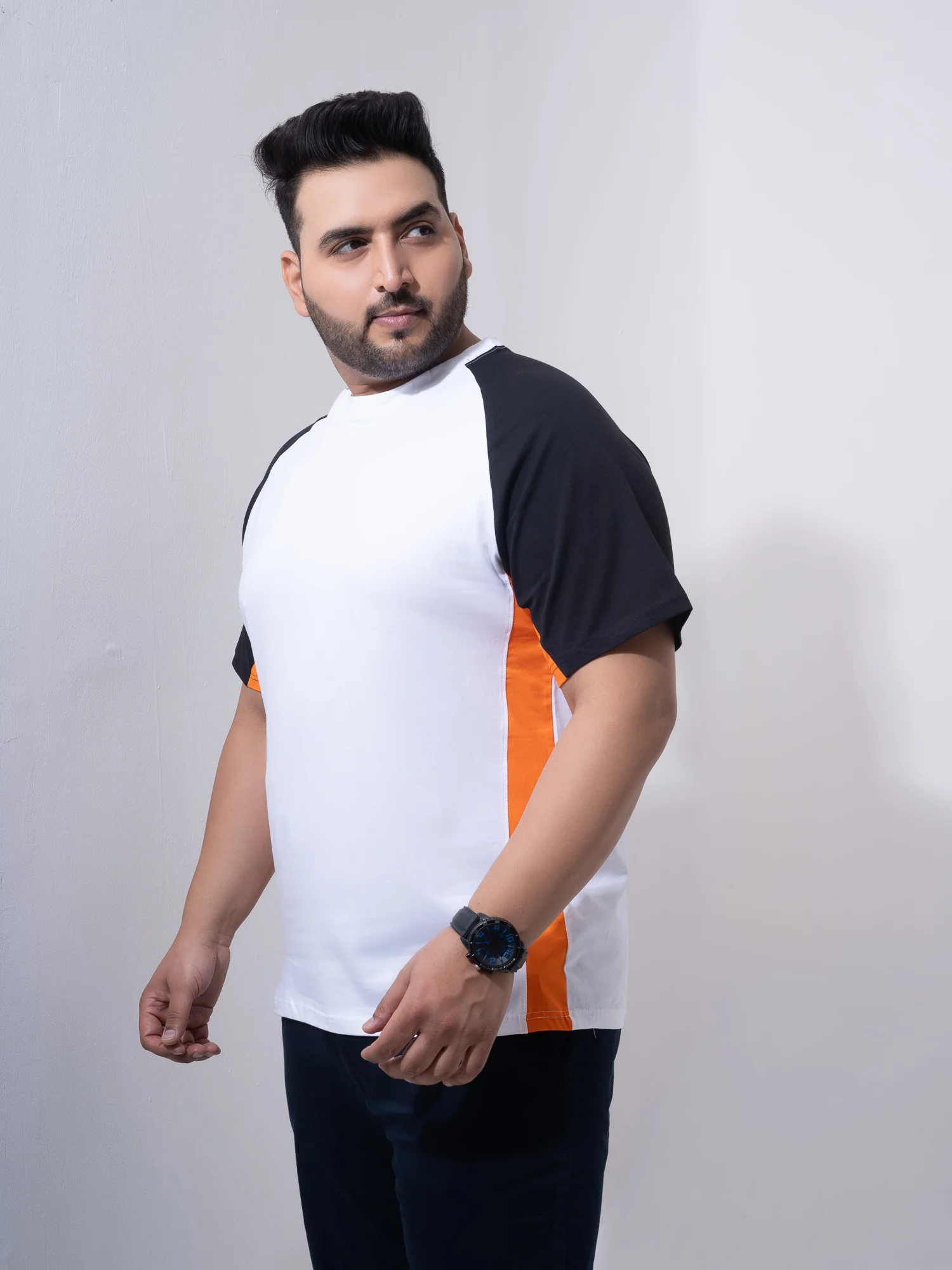 Orange White Black Colourblock Plus Size T-shirt - Image 6