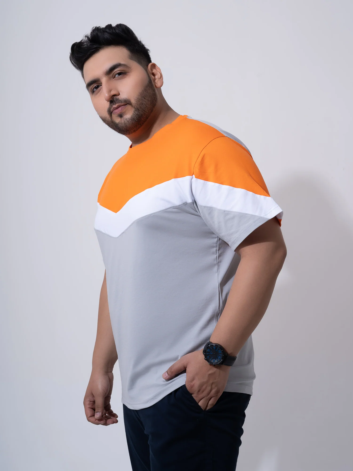 Orange white Grey colourblock Plus Size T-shirt - Image 6