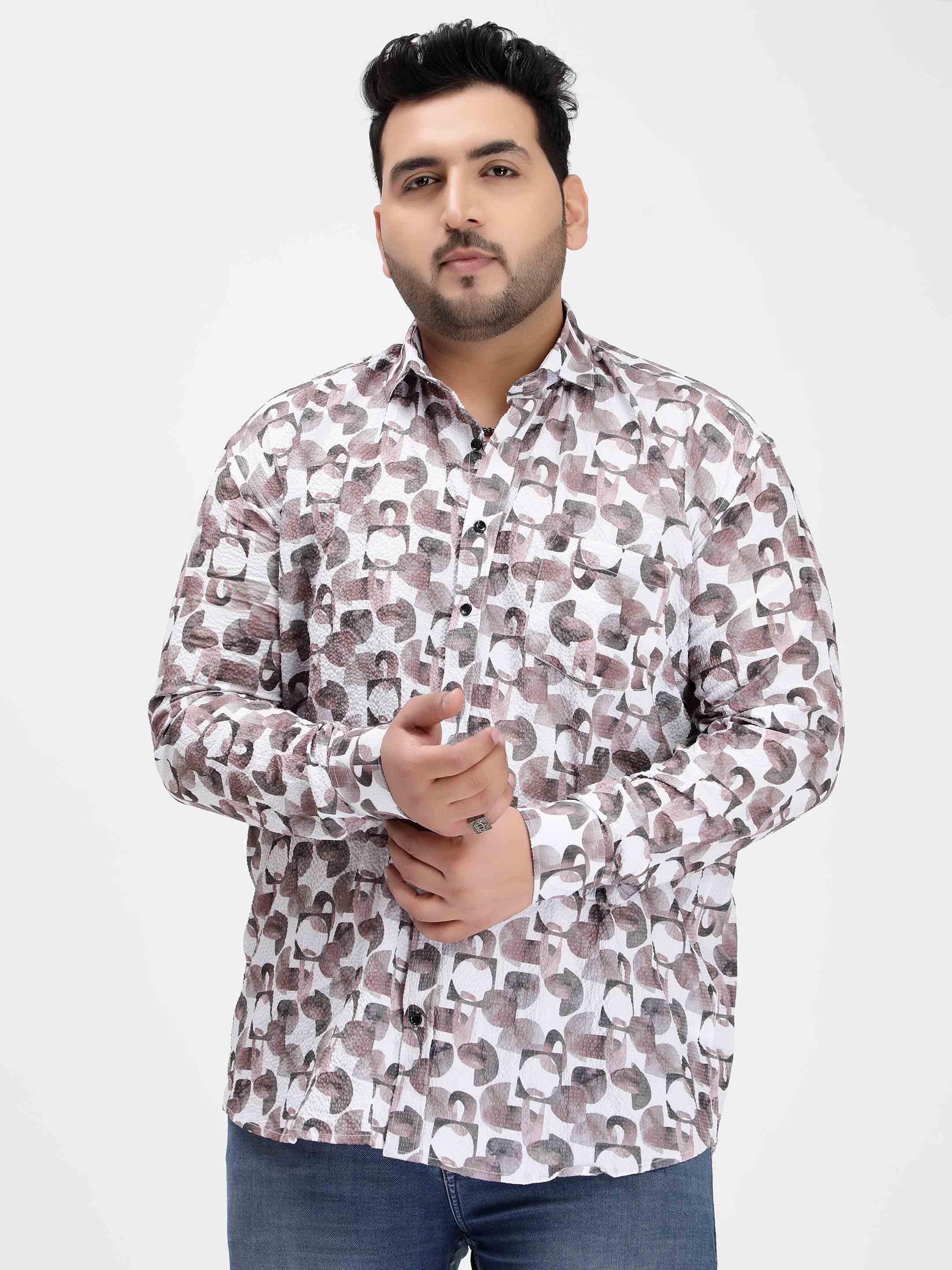 Red Brown Abstract Geometric Digital Print Textured Shirt - Image 2