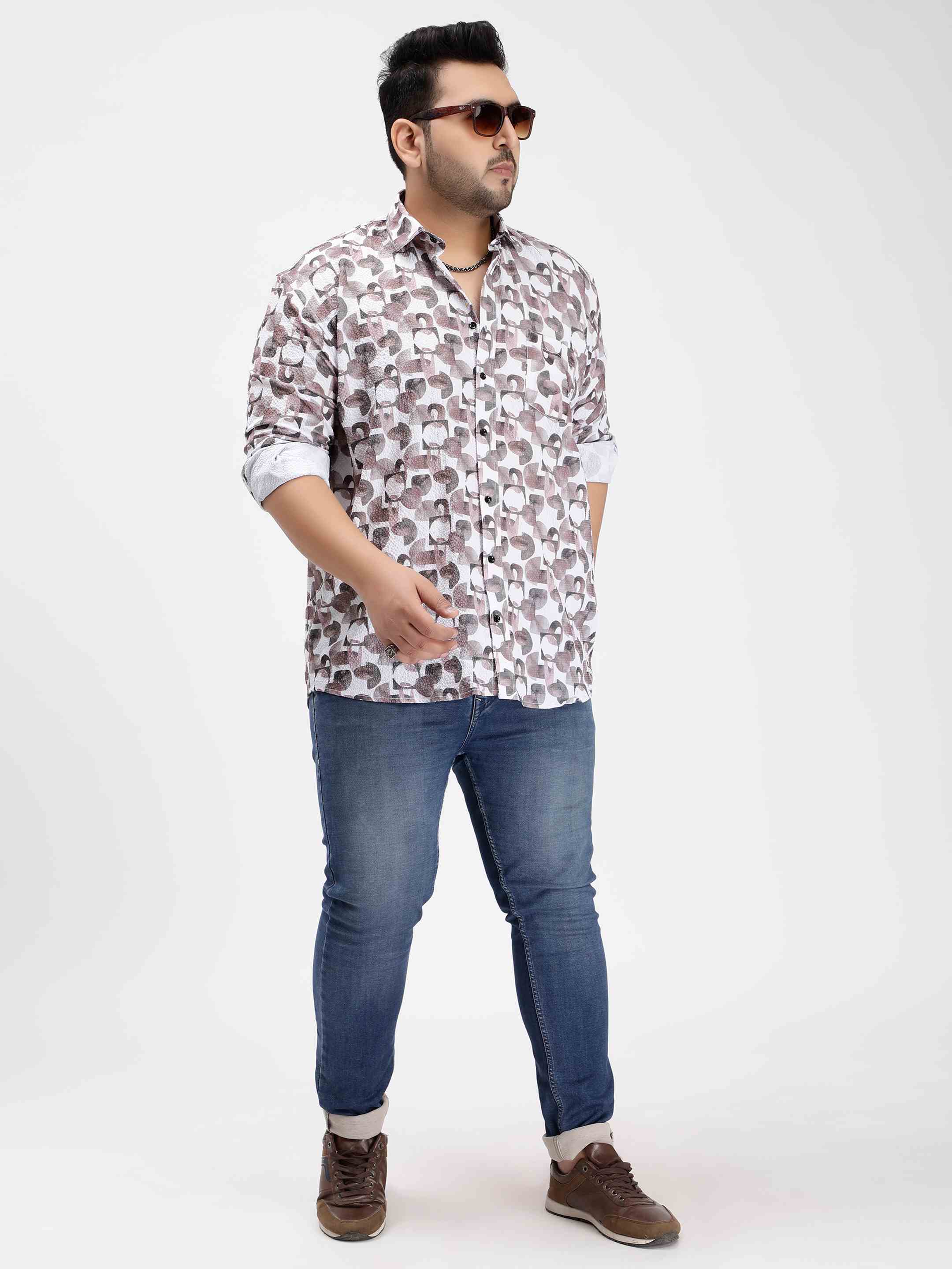 Red Brown Abstract Geometric Digital Print Textured Shirt - Image 3