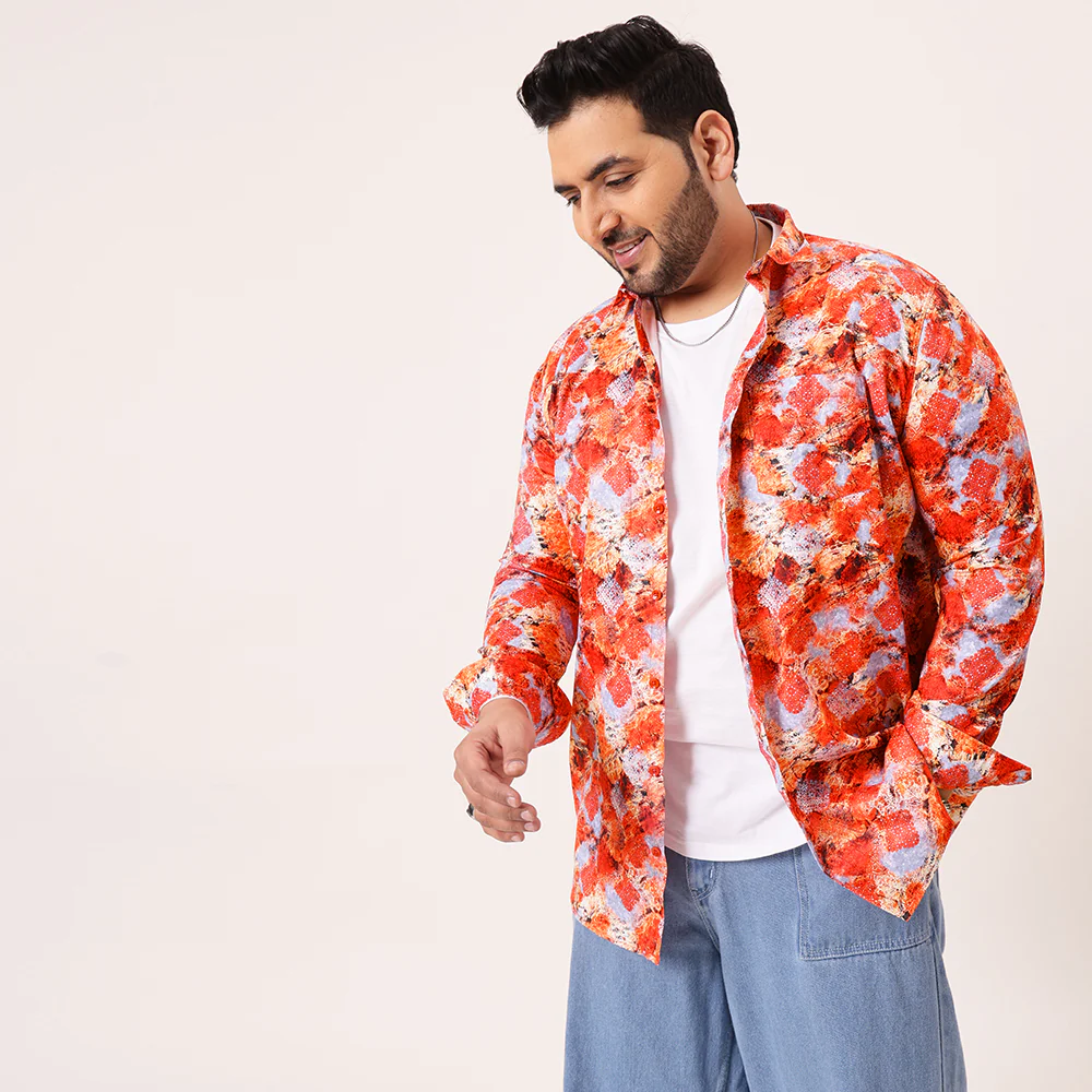 Red Digital Floral Print Satin Cotton Shirt - Image 3