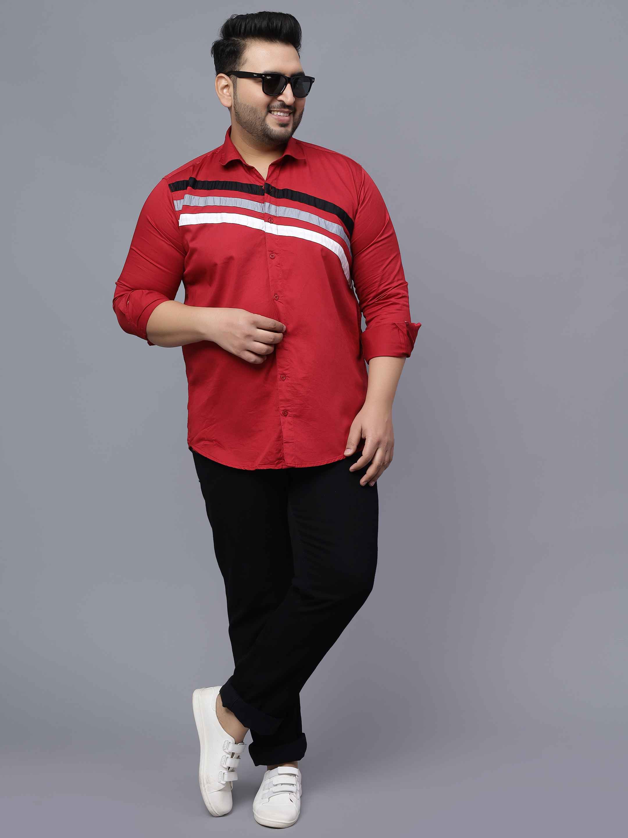 Red Triple Striped Cut n Sew Plus Size Shirt - Image 4