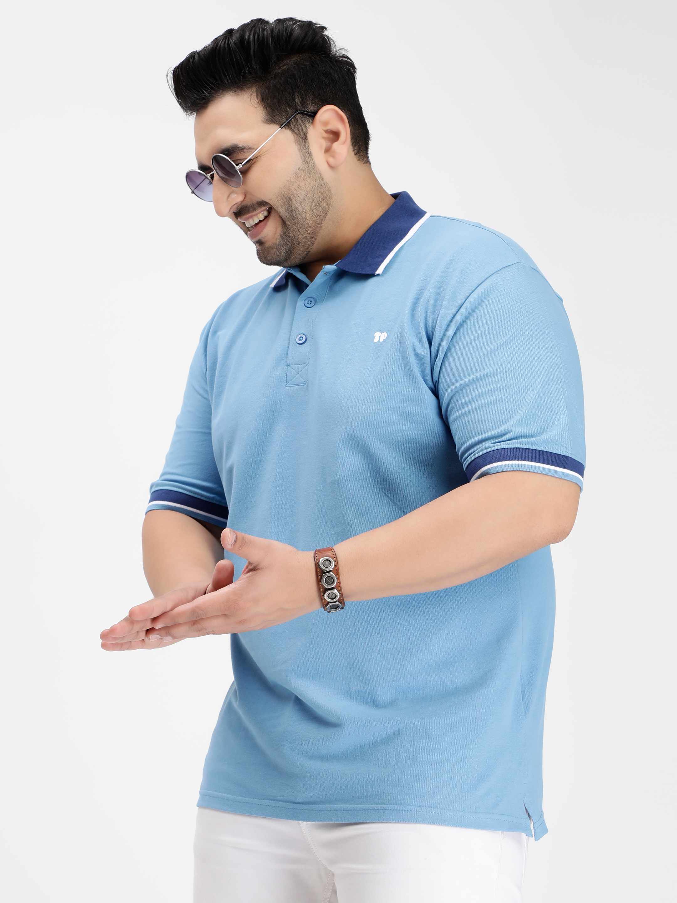 Seamless Stitch Ice Blue Plus Size Polo T-shirt - Image 2