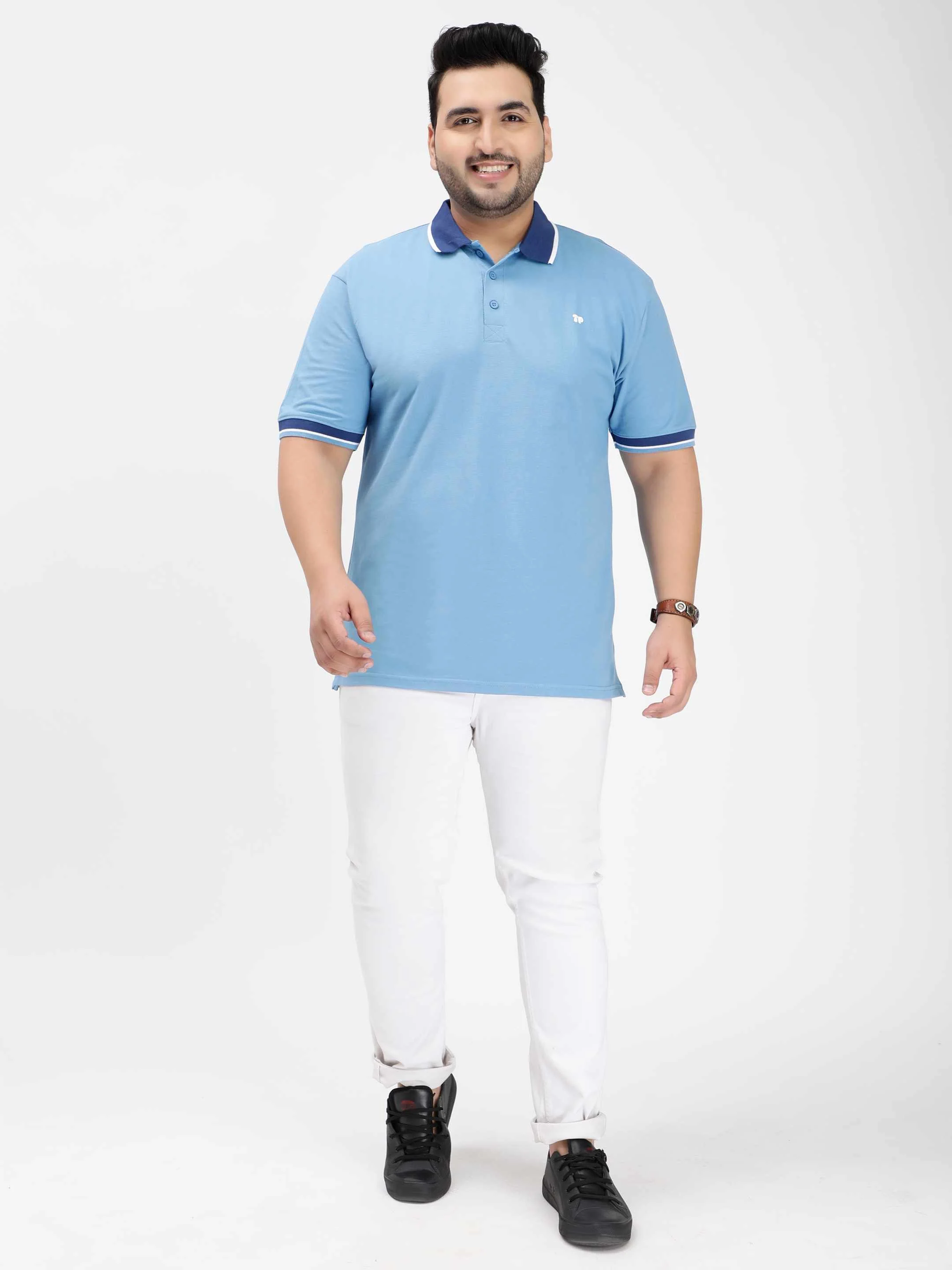 Seamless Stitch Ice Blue Plus Size Polo T-shirt - Image 3