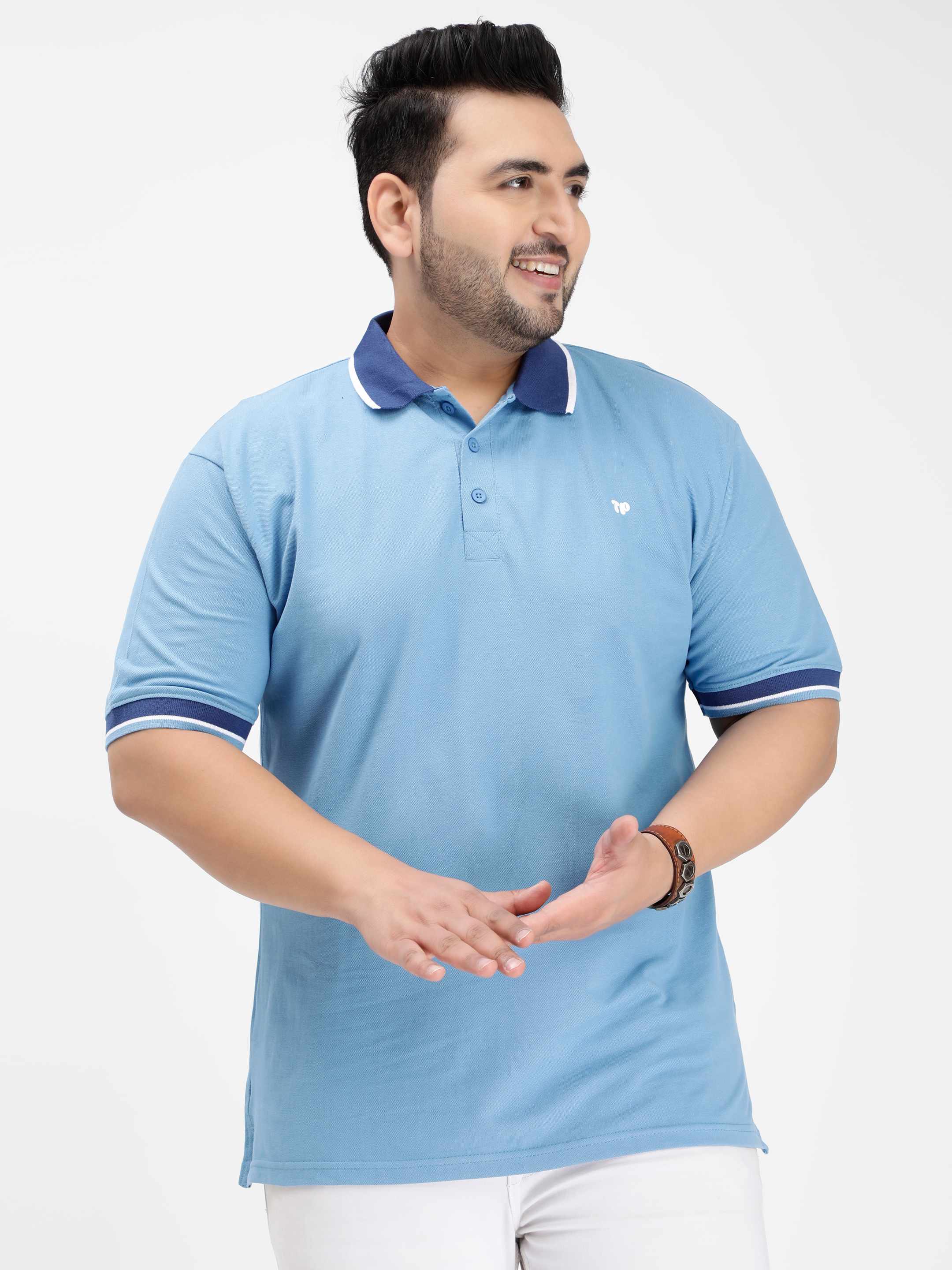 Seamless Stitch Ice Blue Plus Size Polo T-shirt - Image 6
