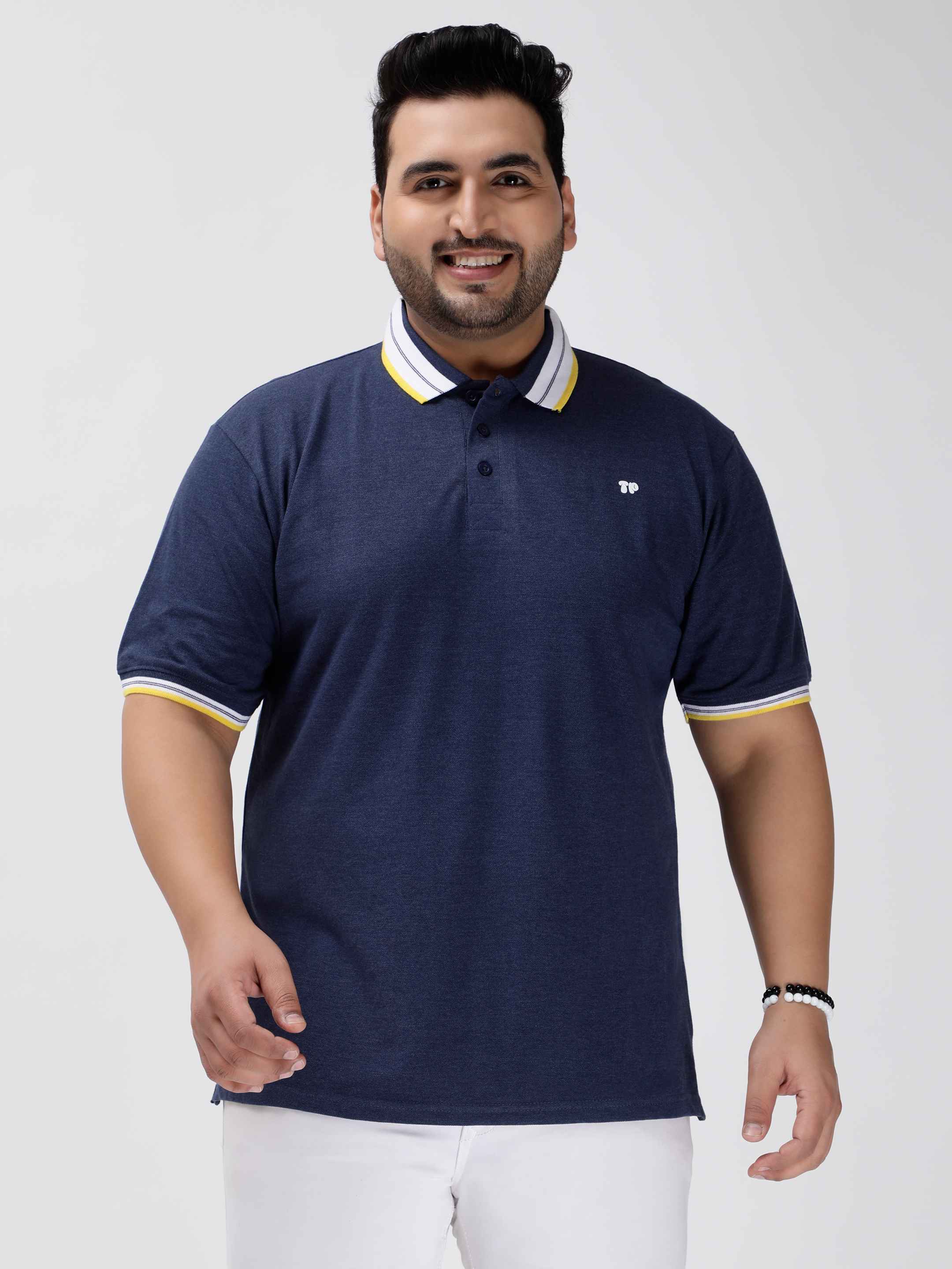 Seamless Stitch Navy Blue Melange Plus Size Polo T-shirt - Image 2