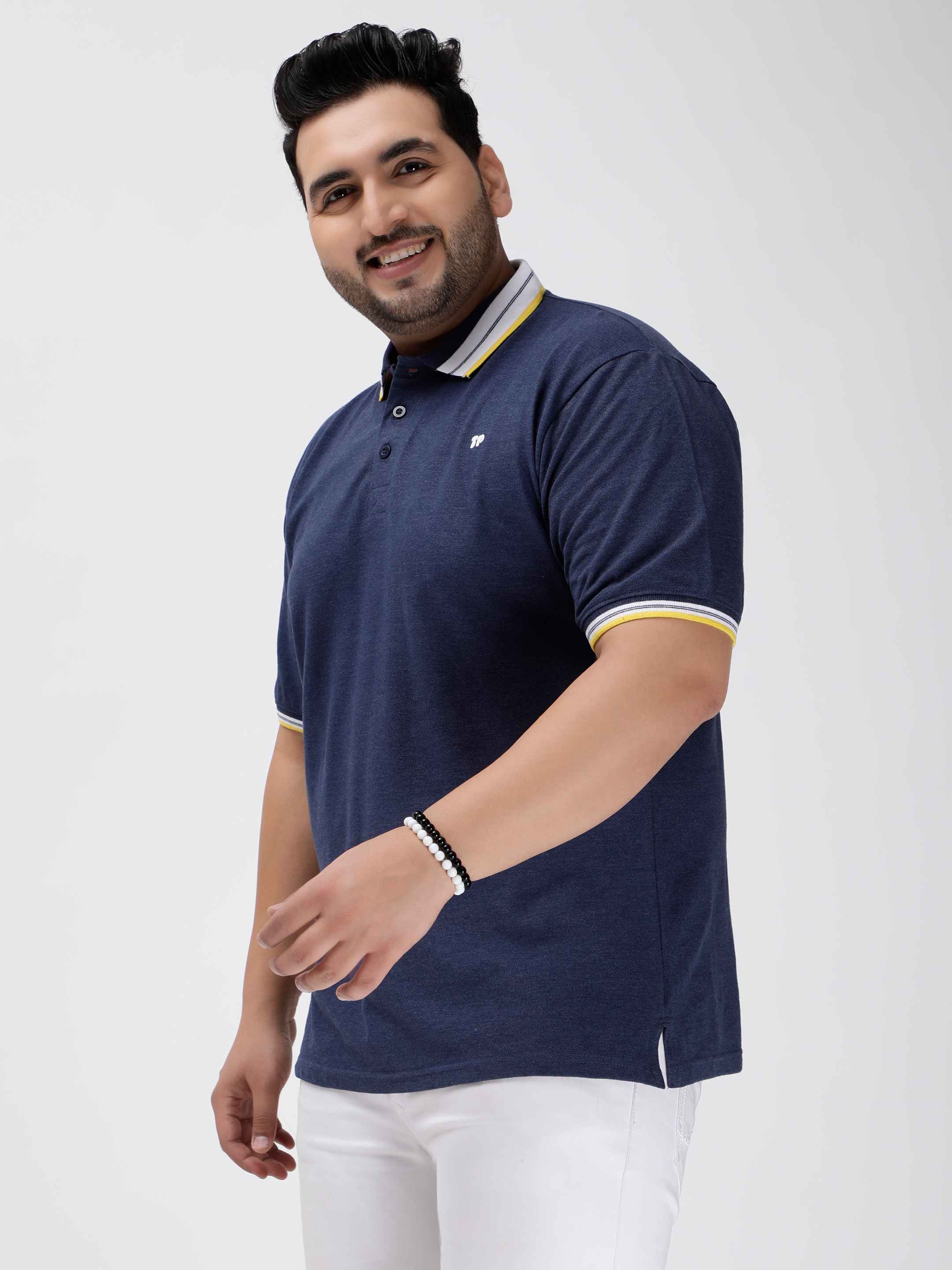 Seamless Stitch Navy Blue Melange Plus Size Polo T-shirt - Image 3