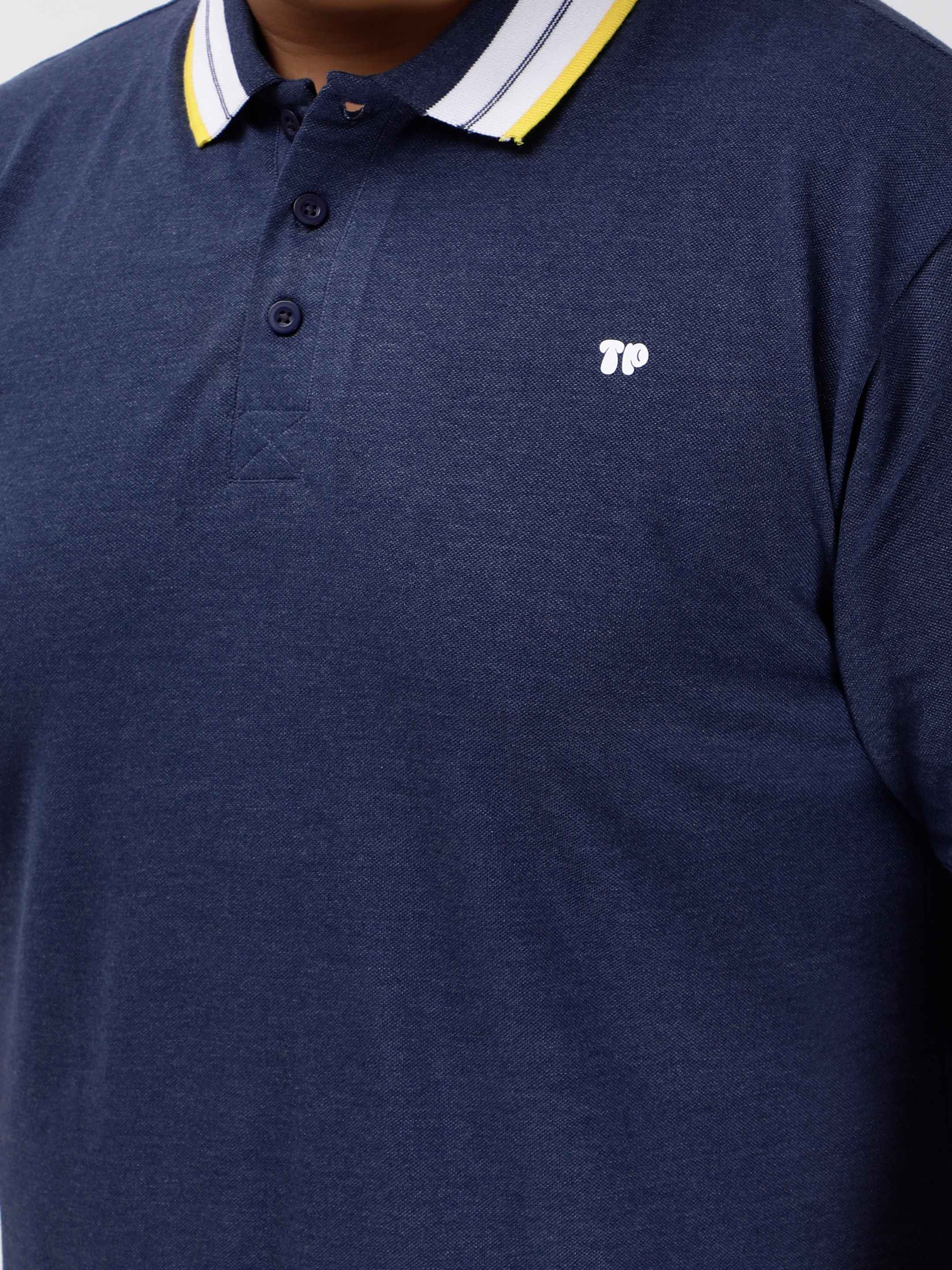 Seamless Stitch Navy Blue Melange Plus Size Polo T-shirt - Image 4