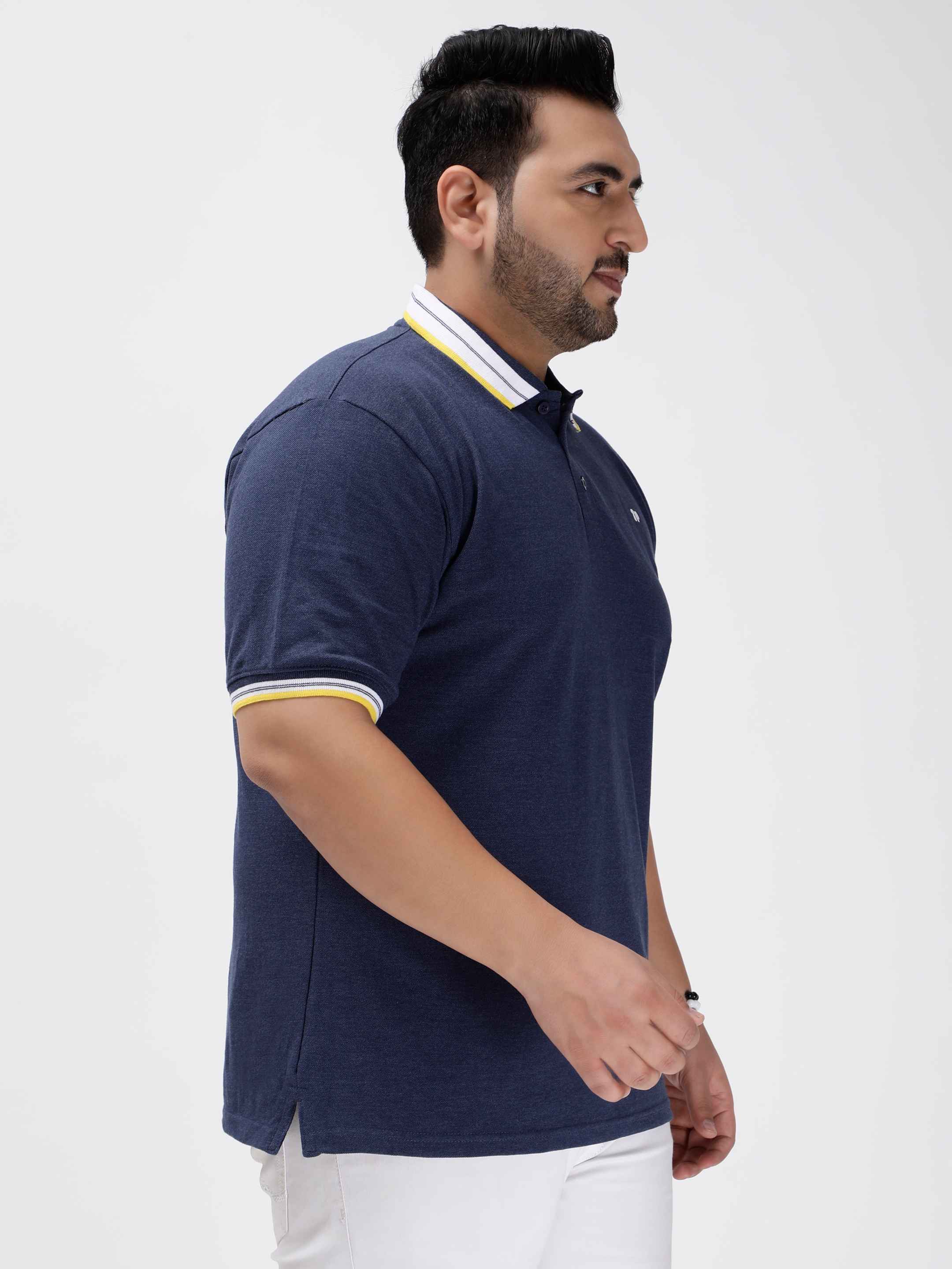Seamless Stitch Navy Blue Melange Plus Size Polo T-shirt - Image 5