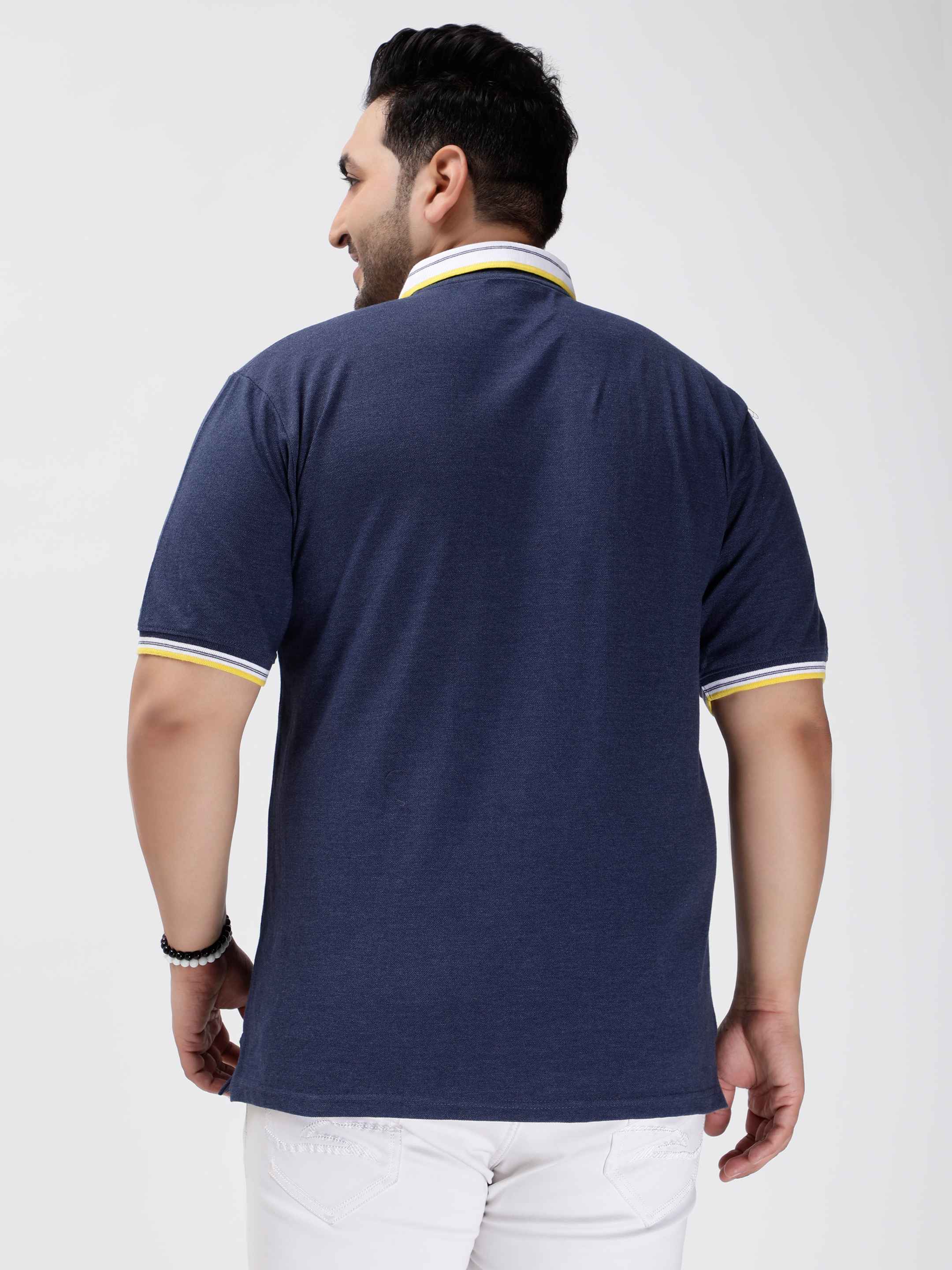 Seamless Stitch Navy Blue Melange Plus Size Polo T-shirt - Image 6