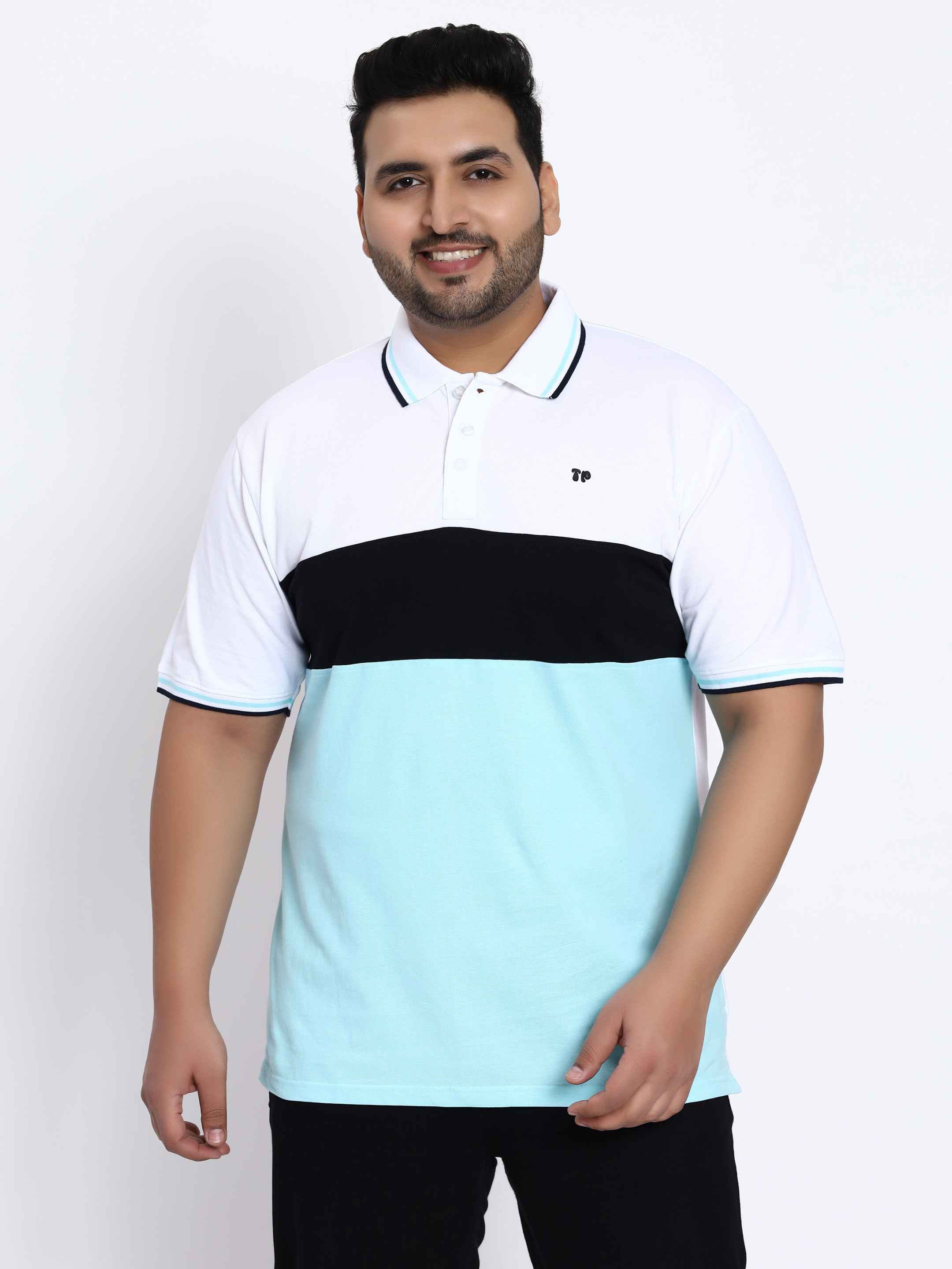 Sky Blue Triple Striped Plus Size Polo T-shirt - Image 3