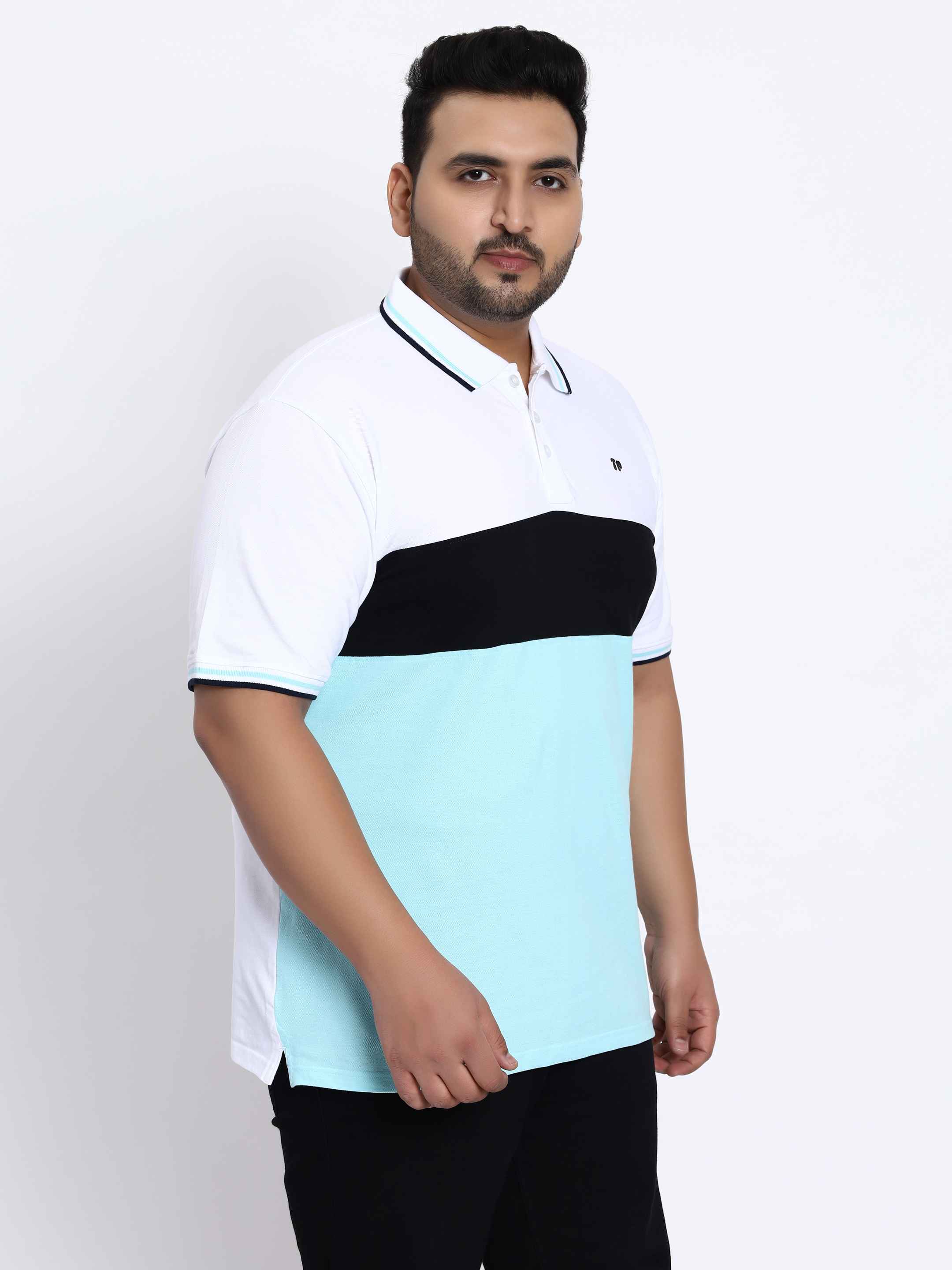 Sky Blue Triple Striped Plus Size Polo T-shirt - Image 6