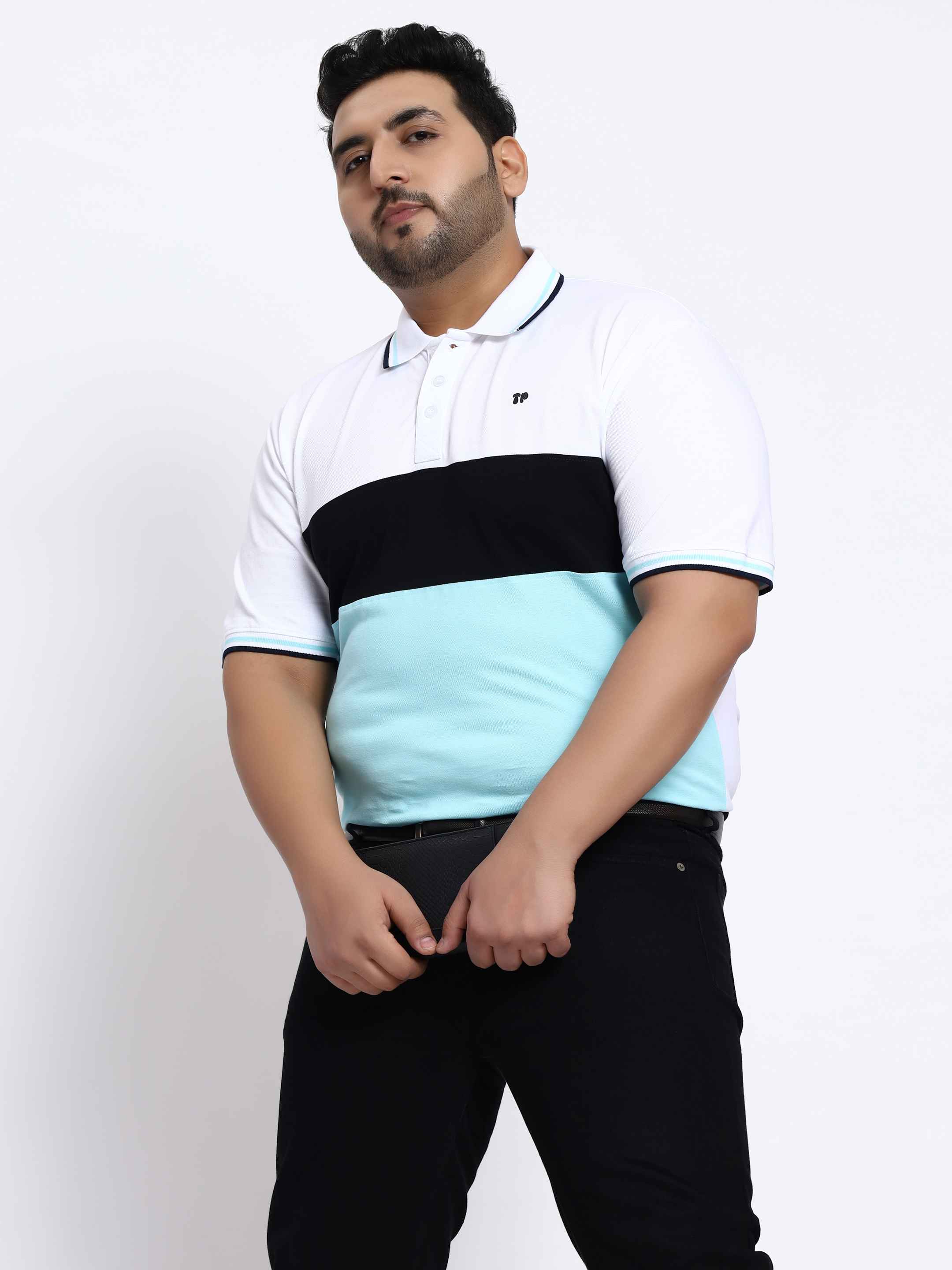 Sky Blue Triple Striped Plus Size Polo T-shirt - Image 7