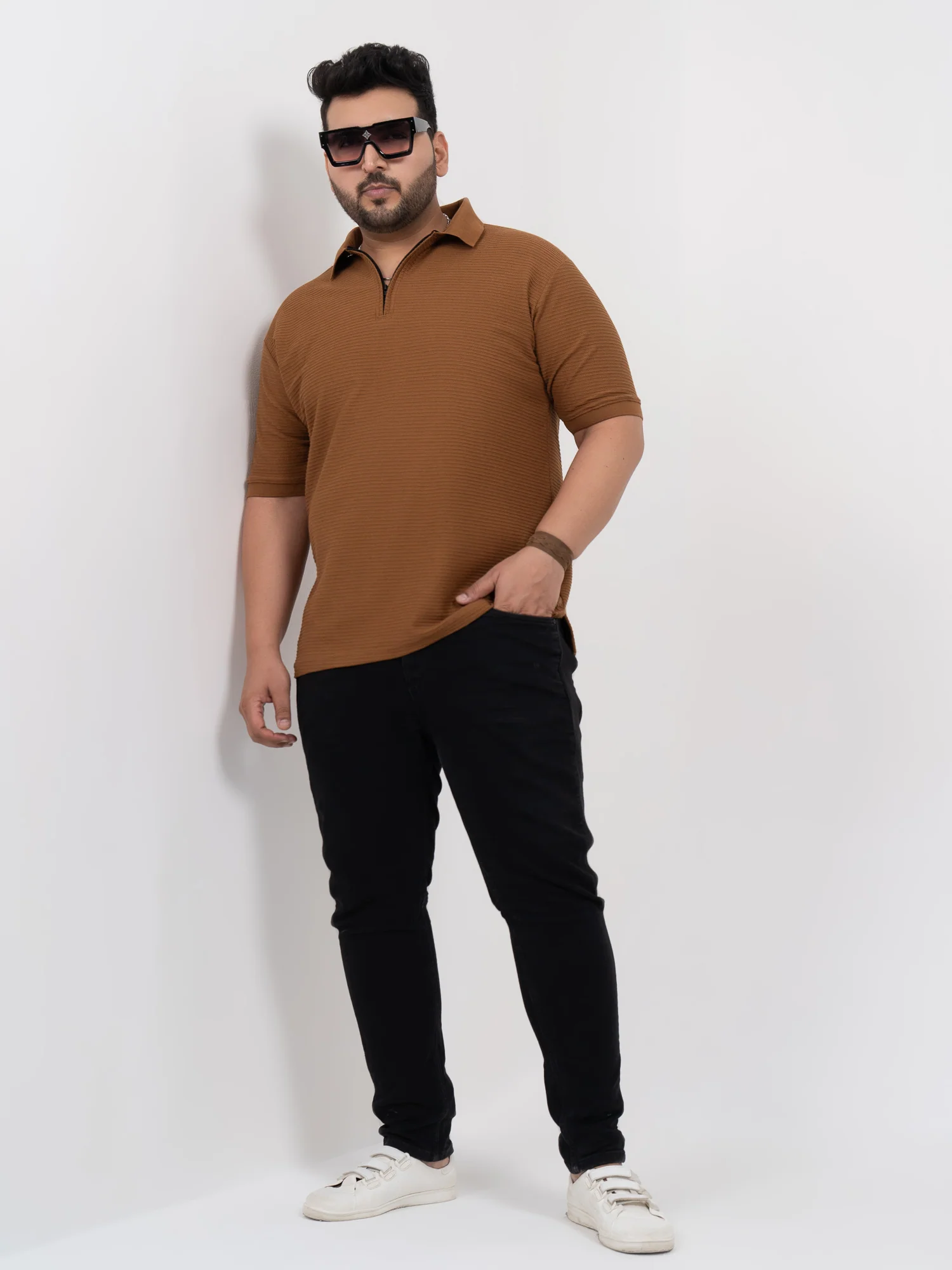 Tan Interlock Zipper Knitted Polo T-shirt - Image 2