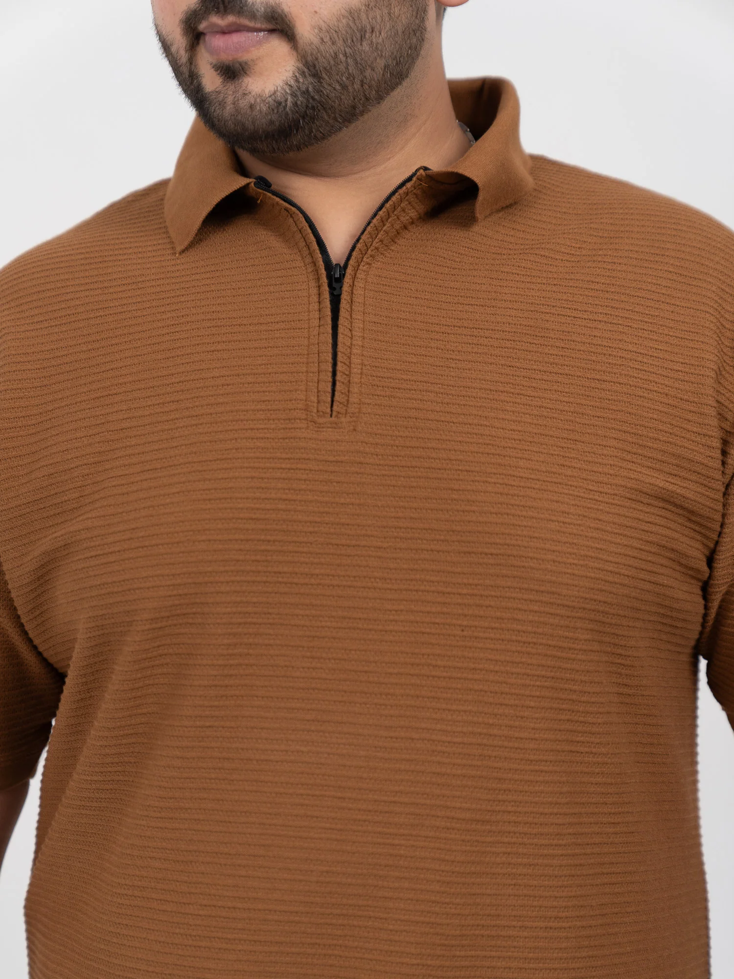 Tan Interlock Zipper Knitted Polo T-shirt - Image 3