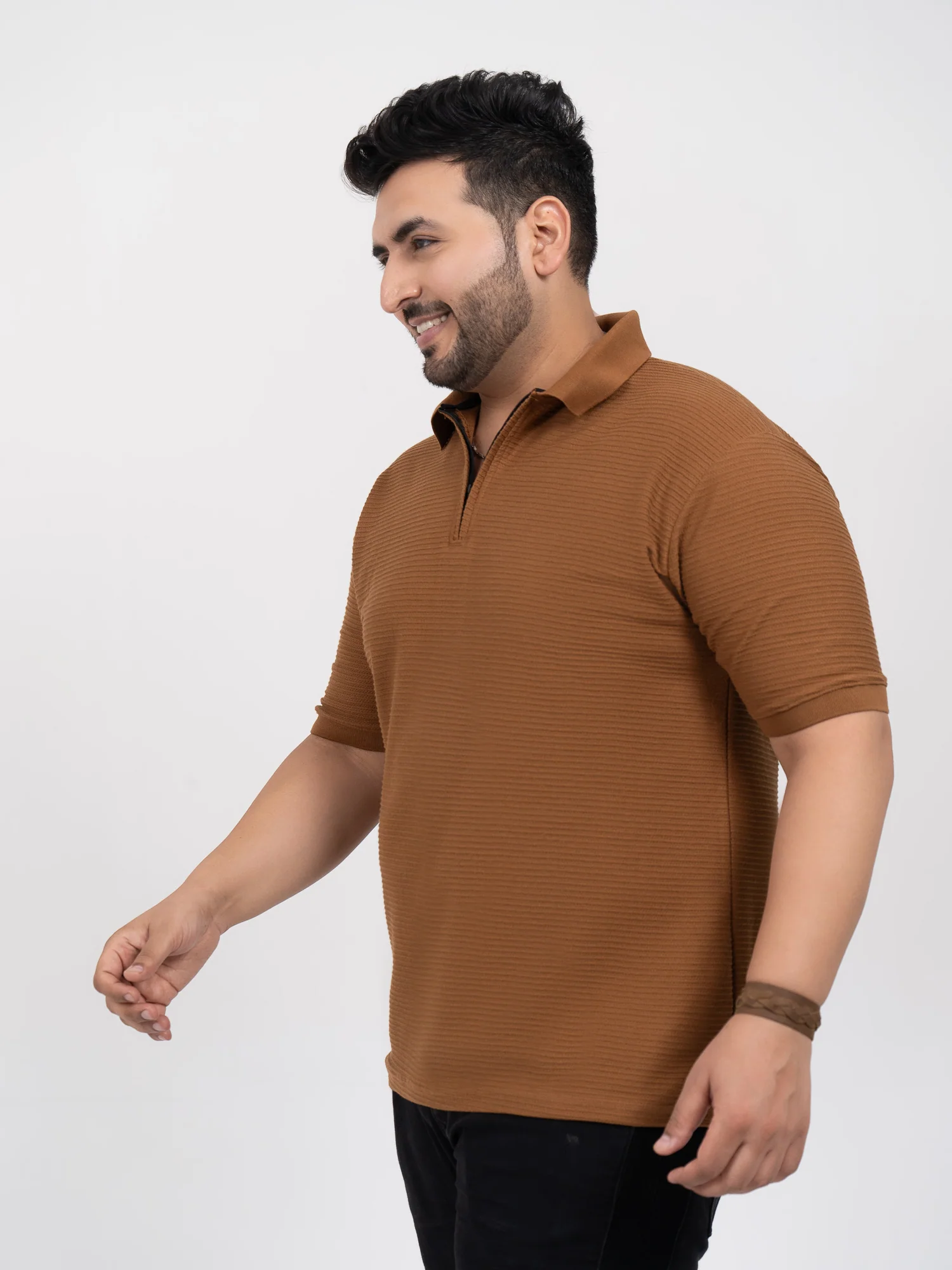 Tan Interlock Zipper Knitted Polo T-shirt - Image 4