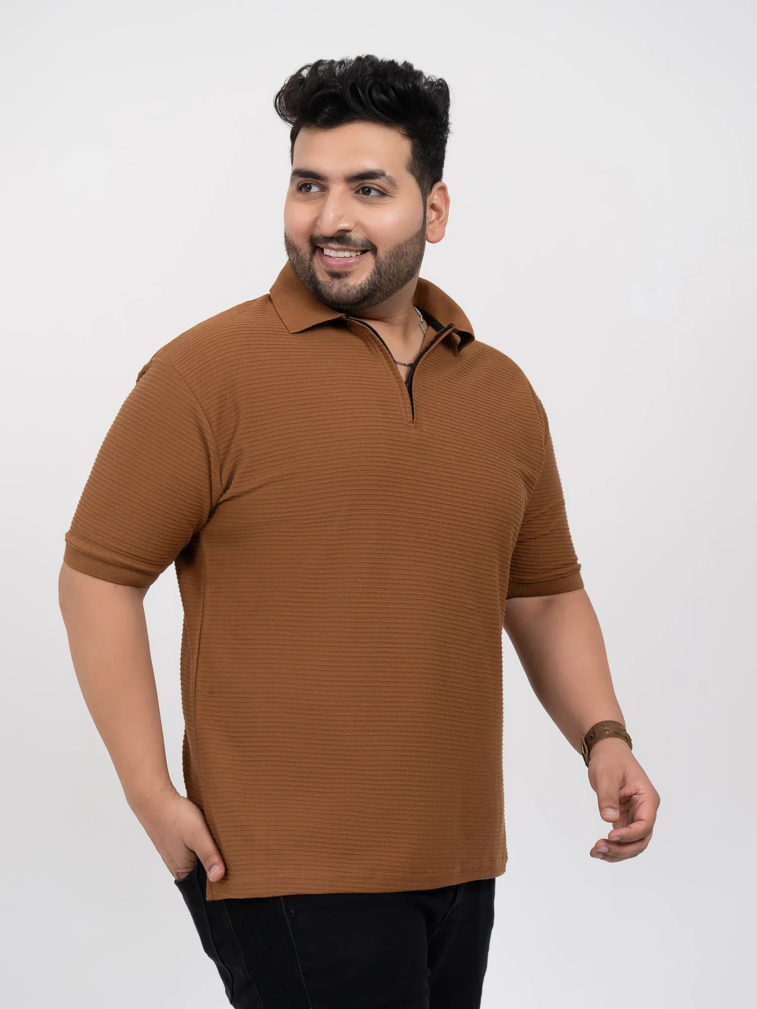 Tan Interlock Zipper Knitted Polo T-shirt - Image 5