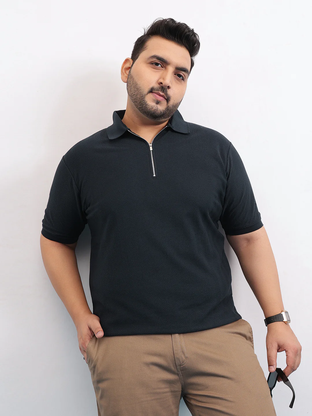 Textured Premium Zipper Knitted Polo T-shirt