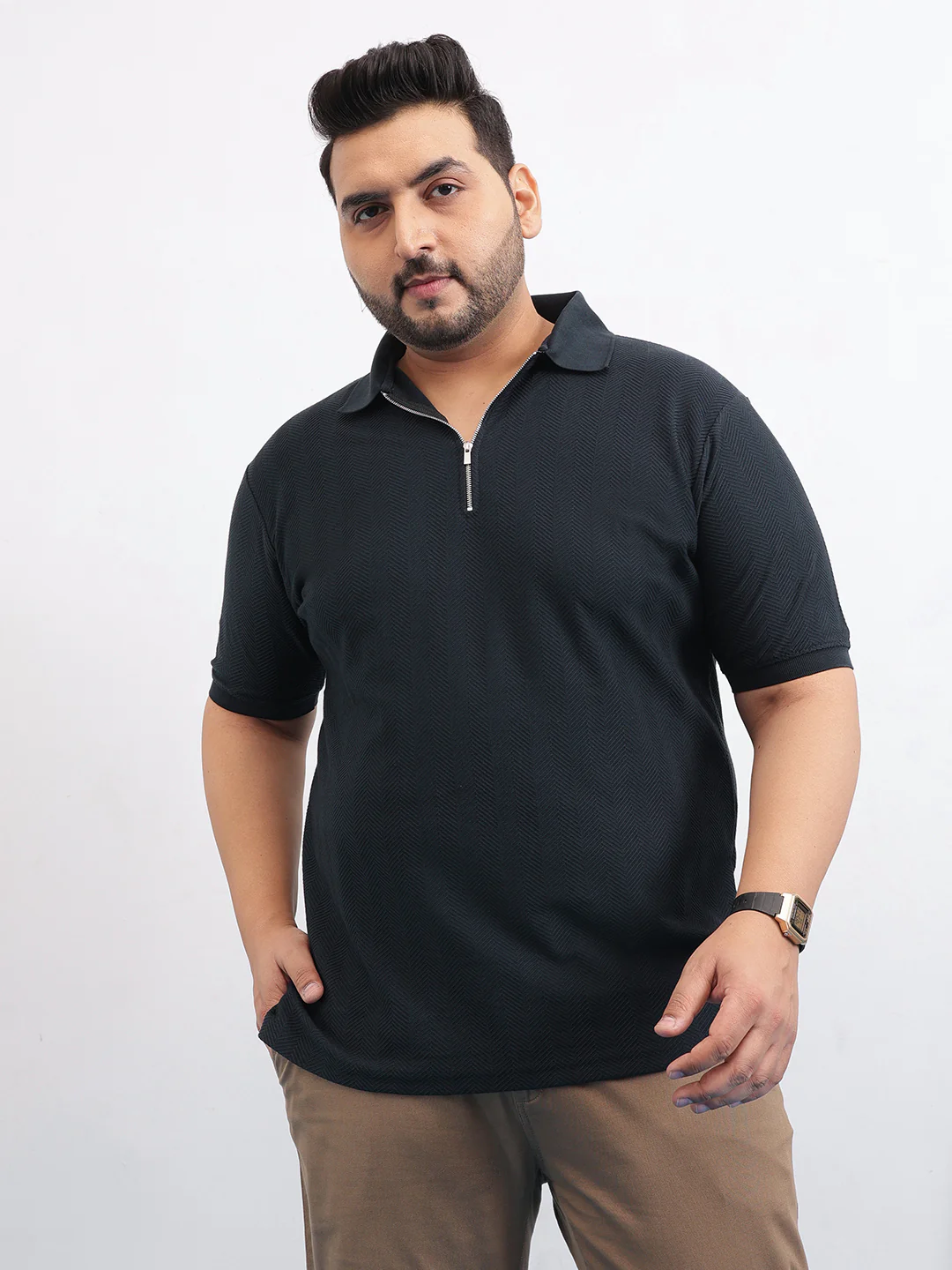 Textured Premium Zipper Knitted Polo T-shirt - Image 4