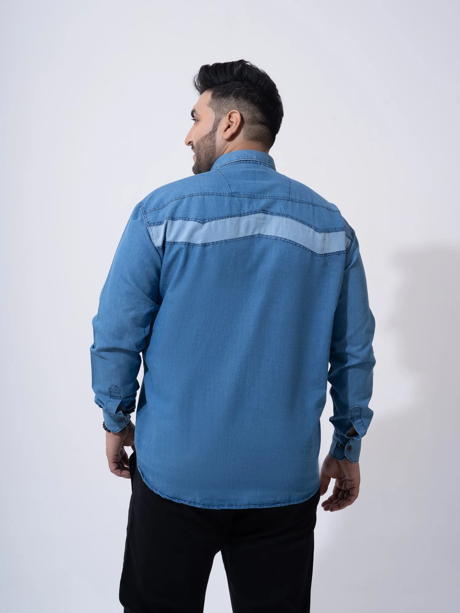 Vintage Colour Block Denim Cotton Plus Size Shirt - Image 10