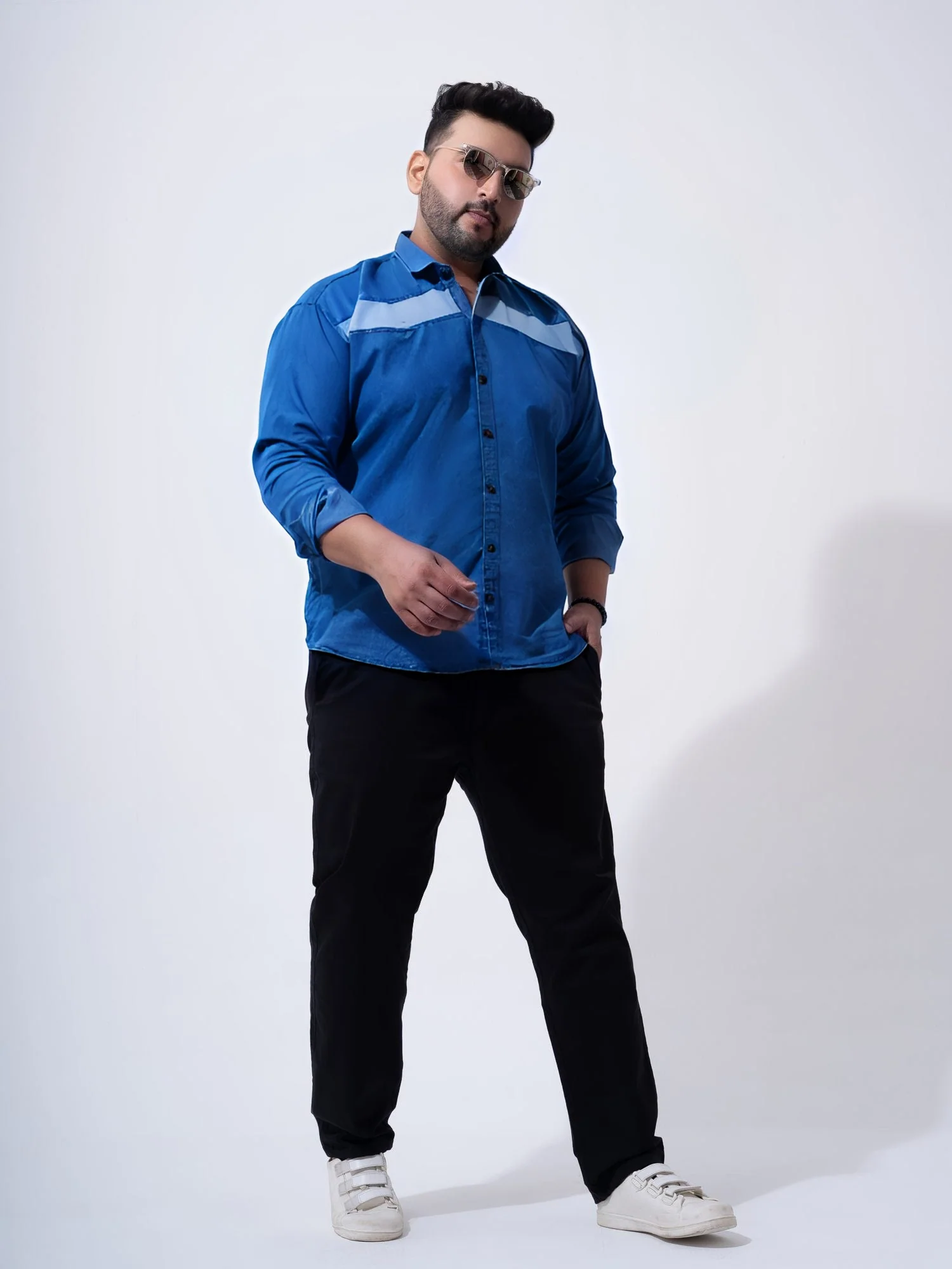 Vintage Colour Block Denim Cotton Plus Size Shirt - Image 2
