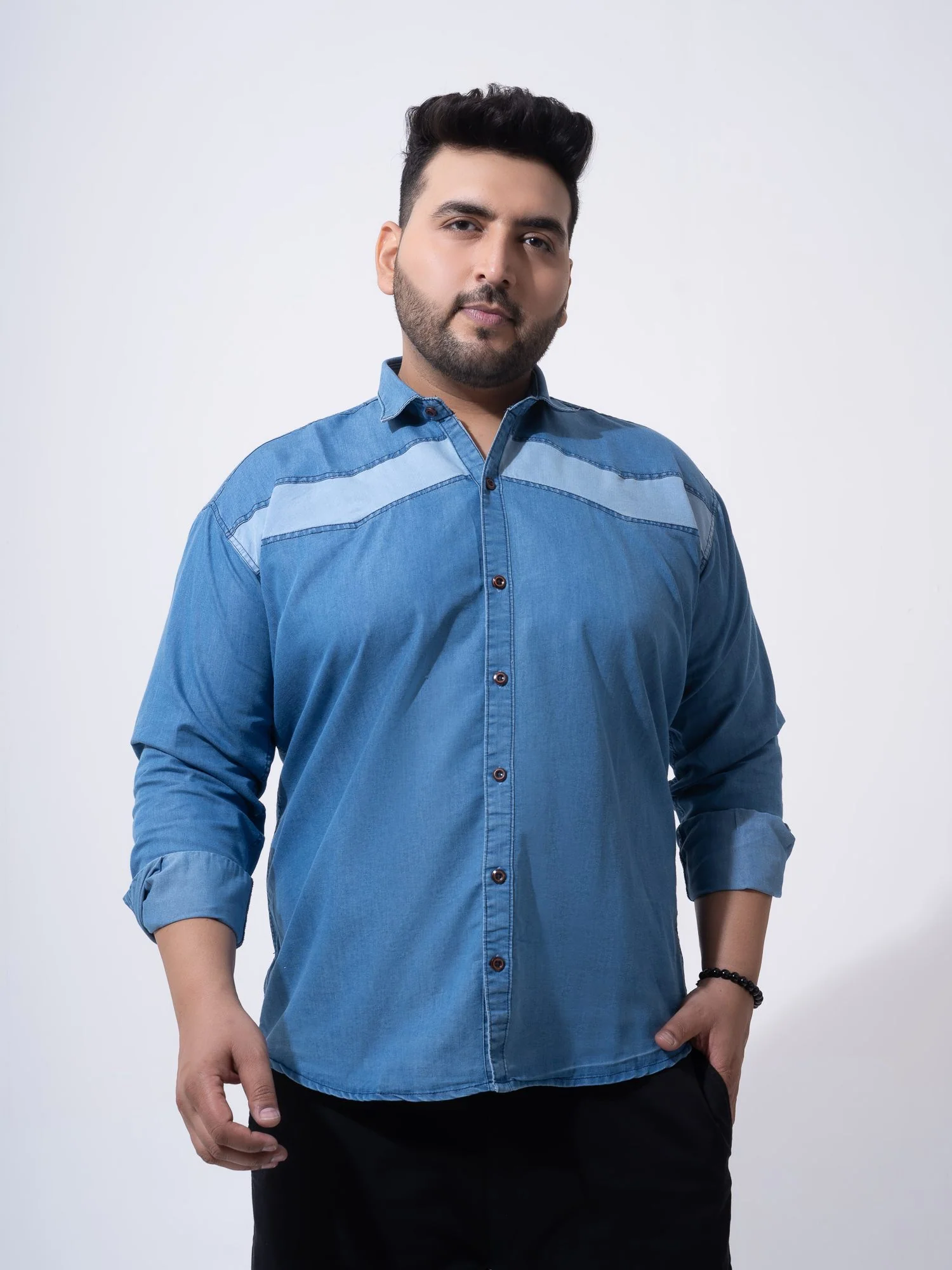 Vintage Colour Block Denim Cotton Plus Size Shirt - Image 5